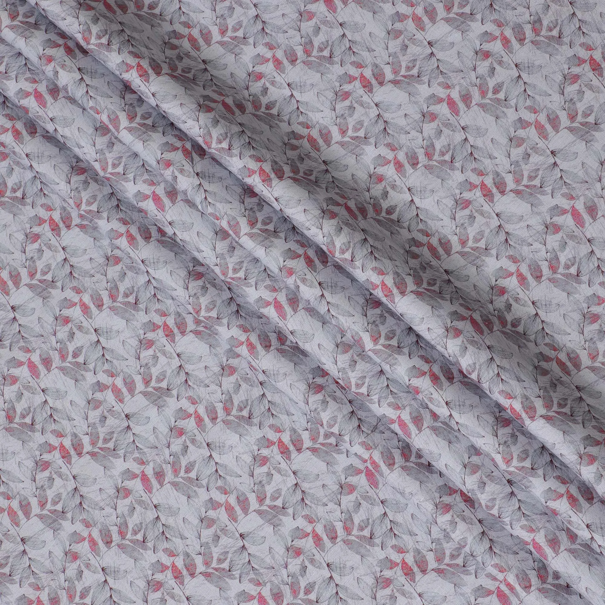 Light Grey with Pink Leaf Print Pure Linen Fabric - 150 cm Width-D19998