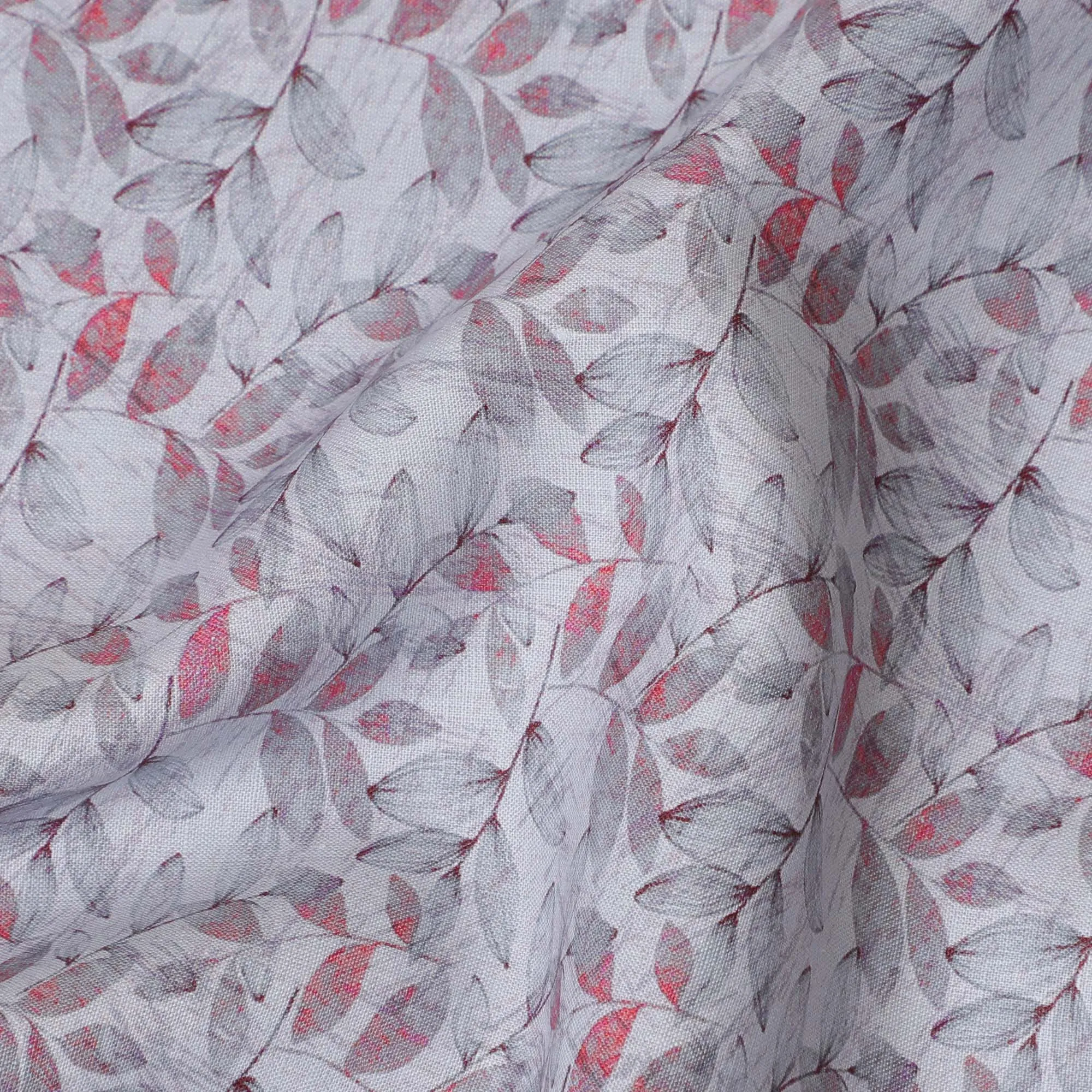 Light Grey with Pink Leaf Print Pure Linen Fabric - 150 cm Width-D19998