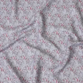 Light Grey with Pink Leaf Print Pure Linen Fabric - 150 cm Width-D19998