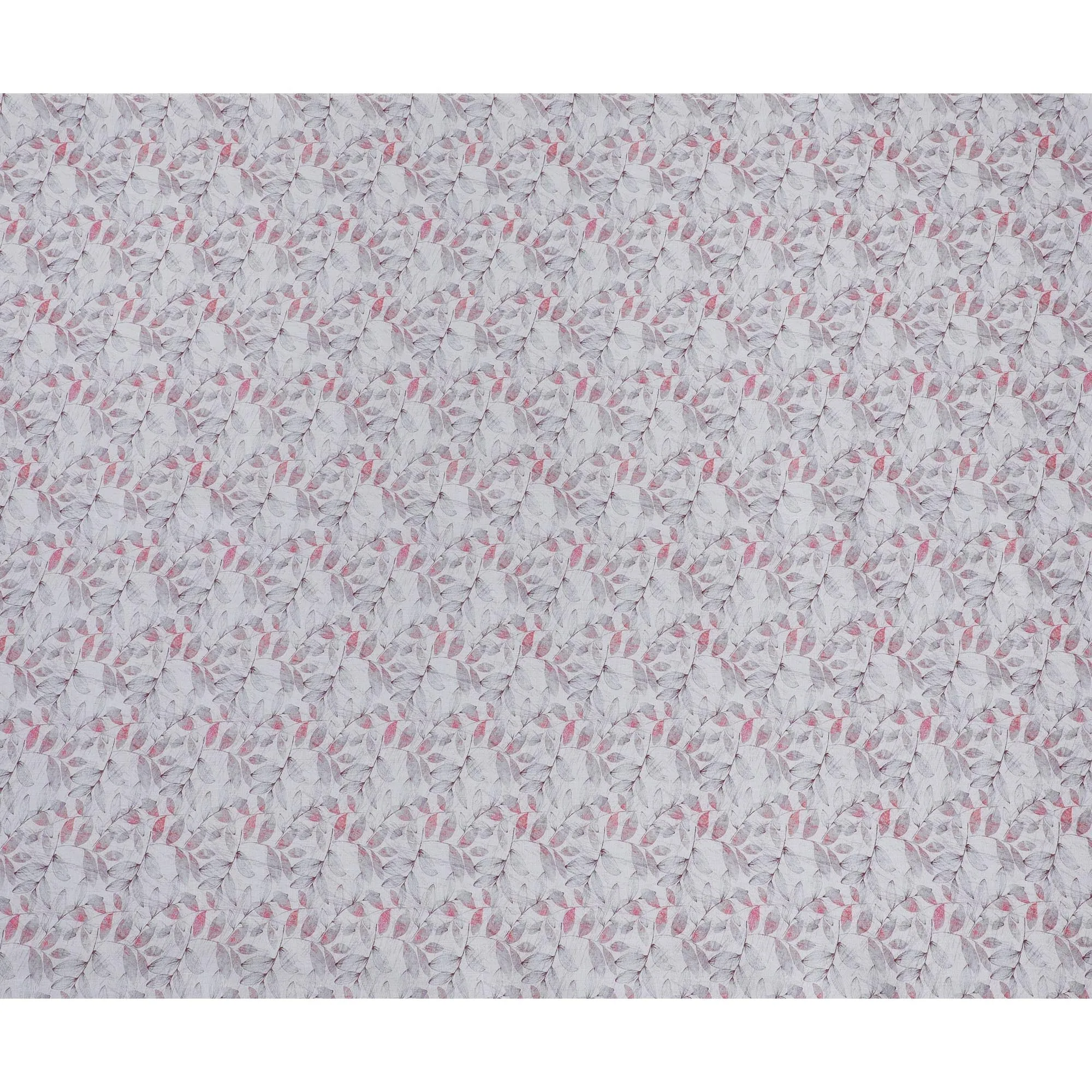 Light Grey with Pink Leaf Print Pure Linen Fabric - 150 cm Width-D19998