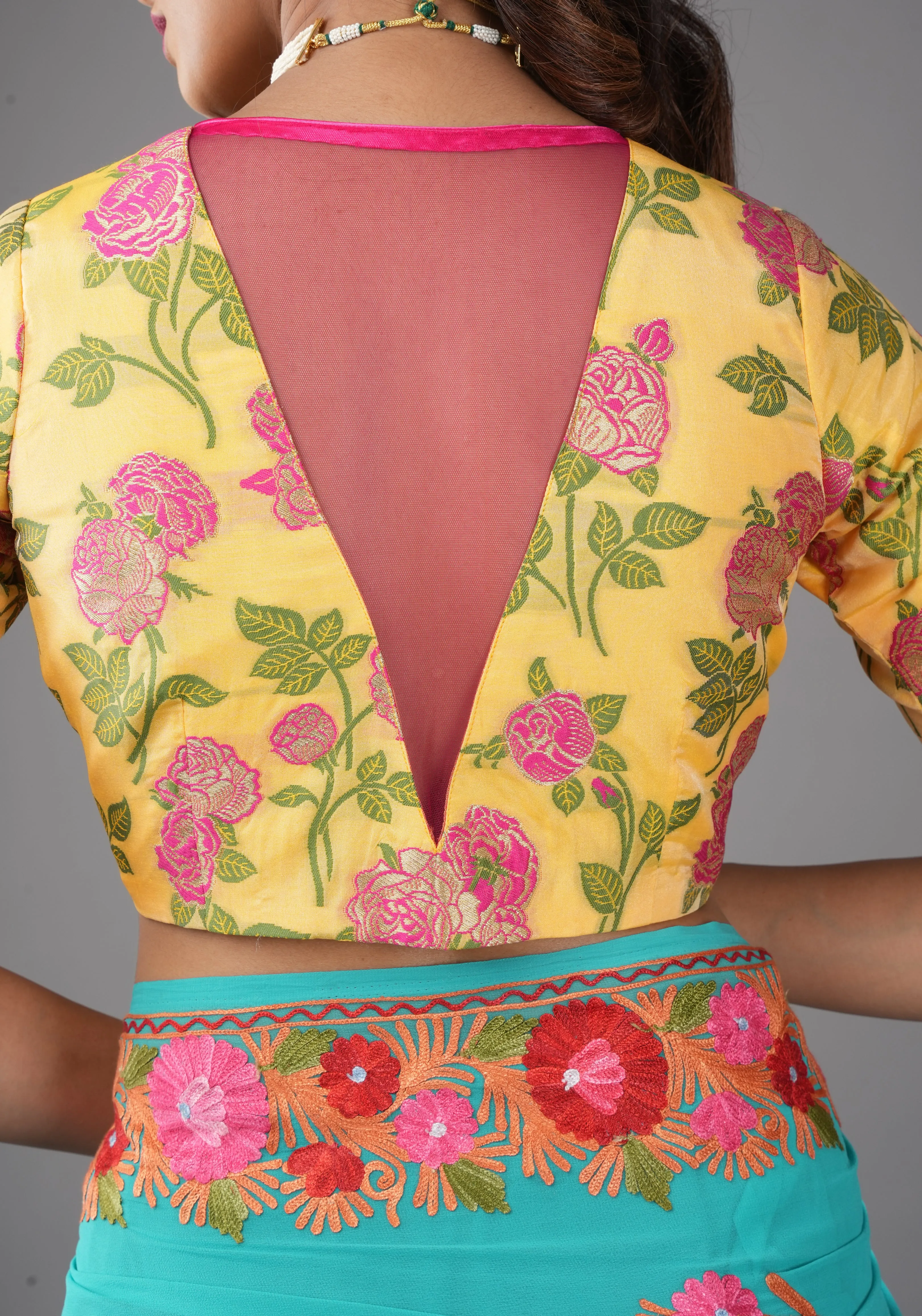 Light Yellow Banarasi Meenakari Blouse with V neck and Florals, Customizable, Made To Order