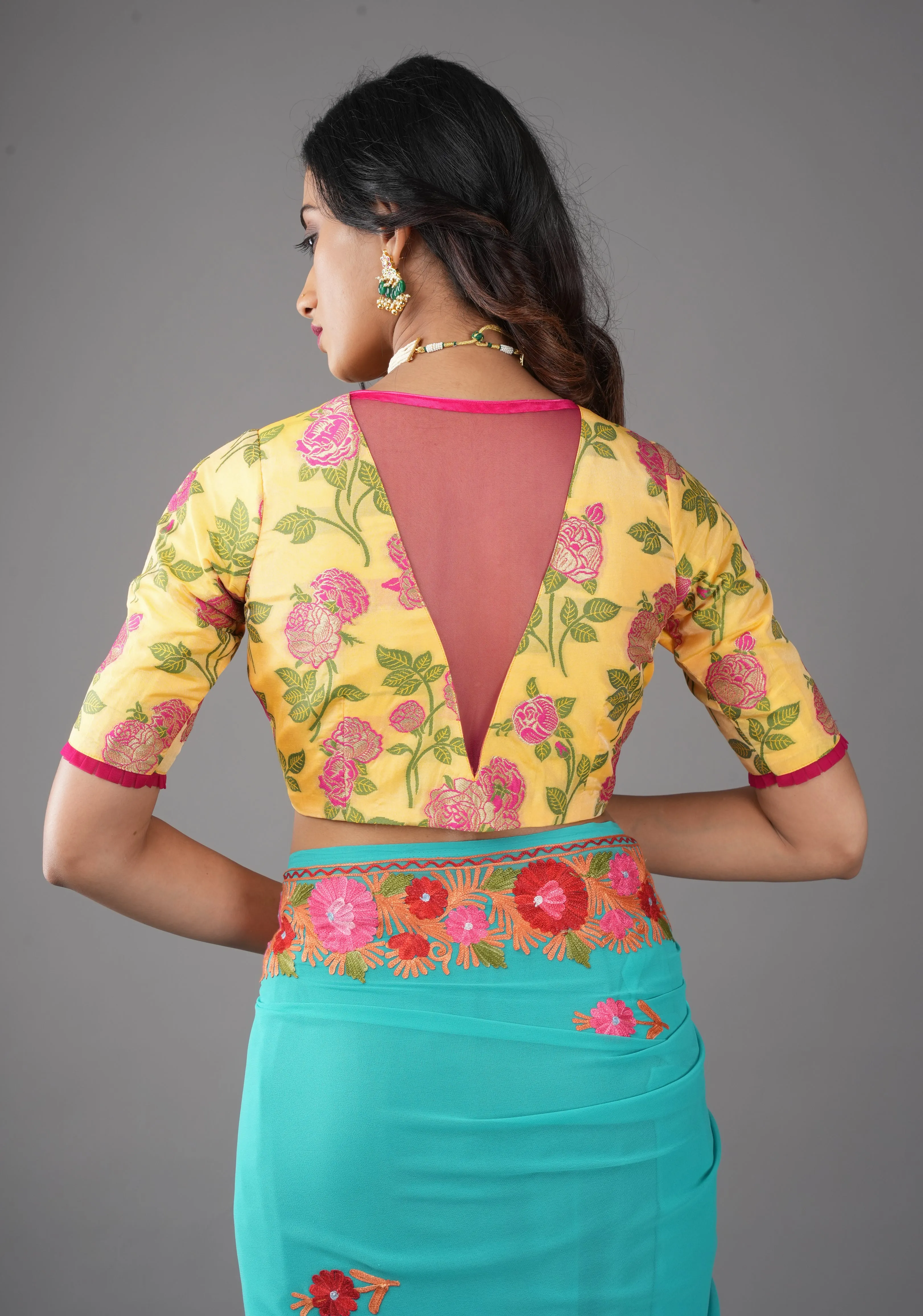 Light Yellow Banarasi Meenakari Blouse with V neck and Florals, Customizable, Made To Order