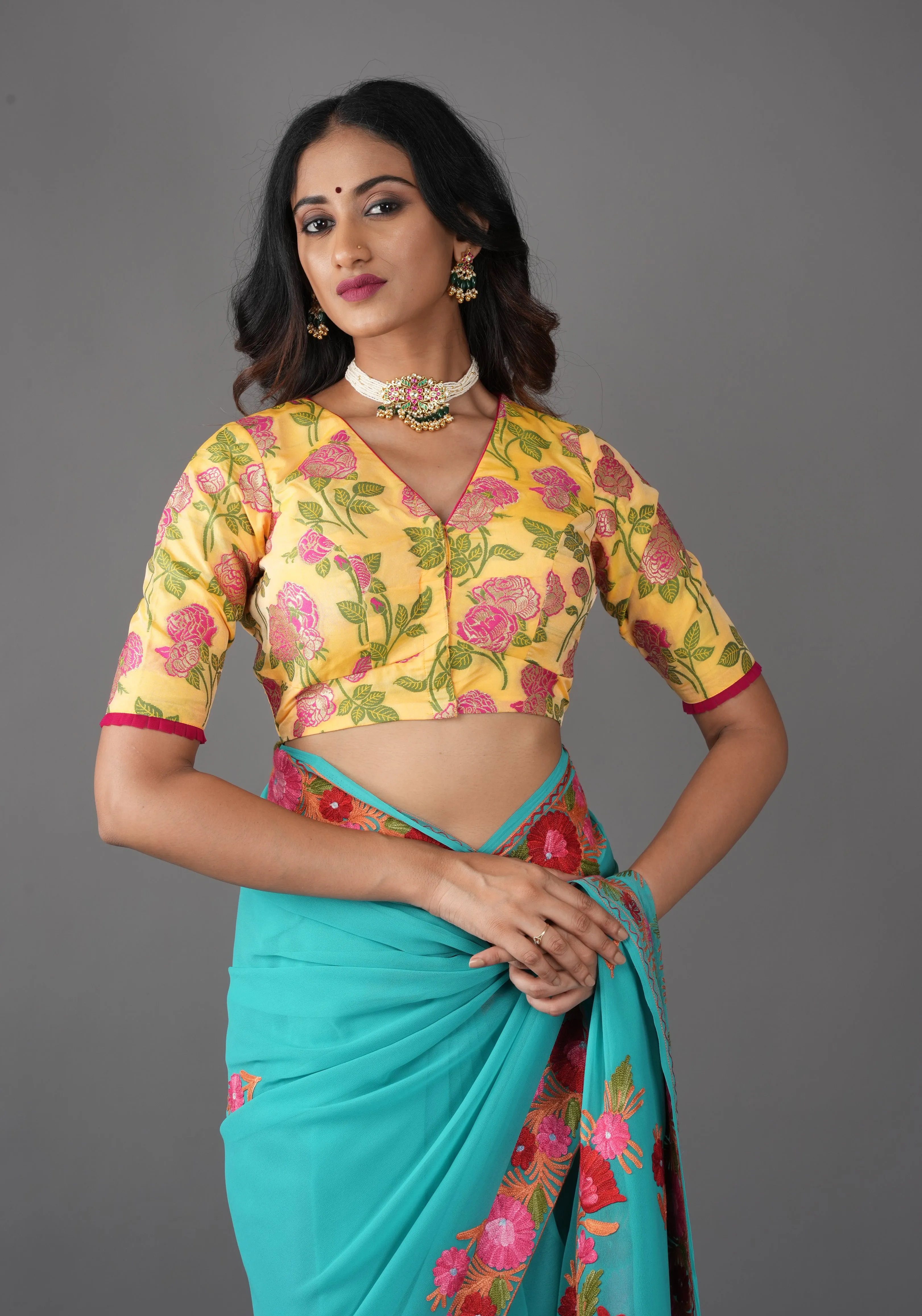 Light Yellow Banarasi Meenakari Blouse with V neck and Florals, Customizable, Made To Order