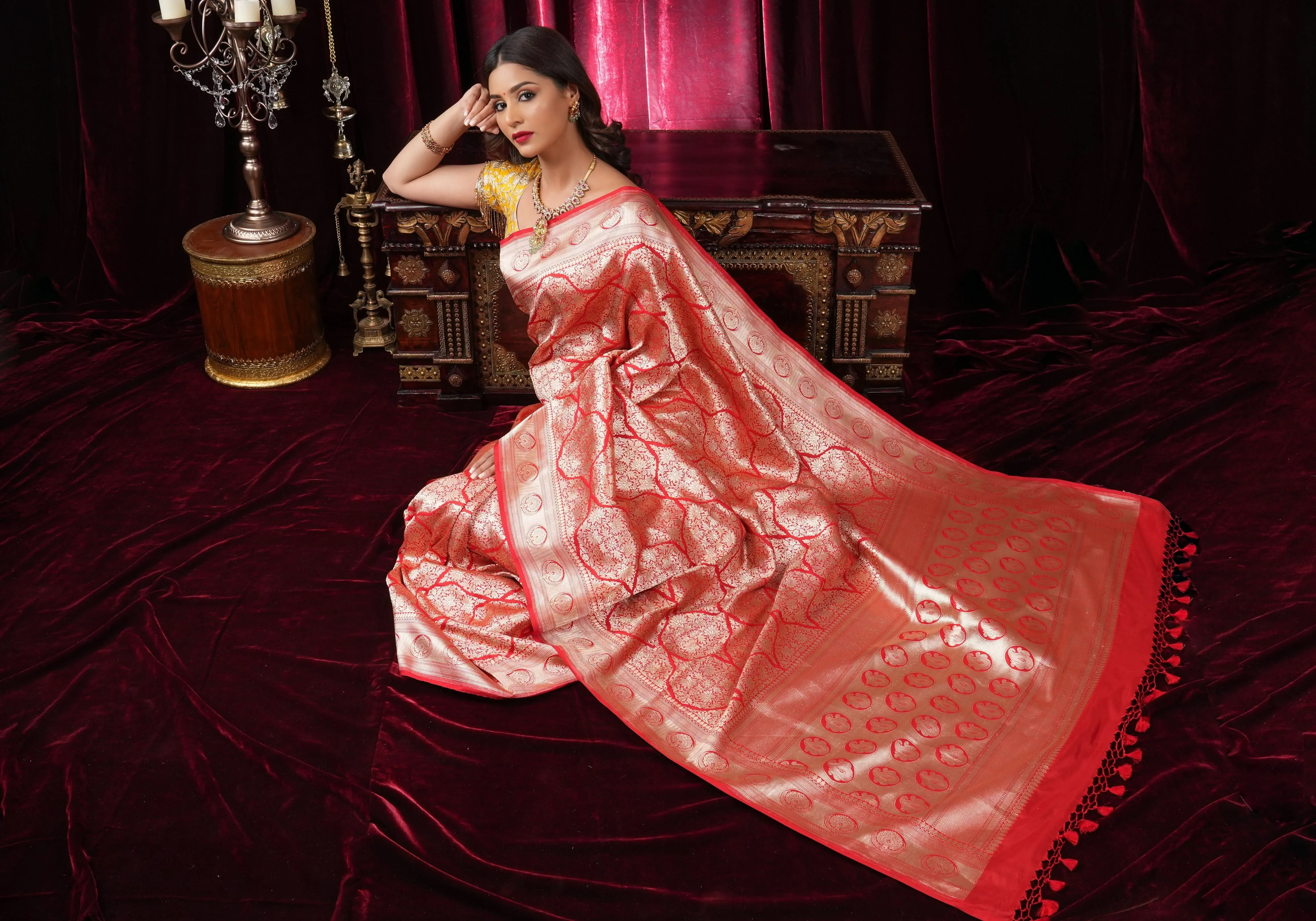 Magnificent Banarasi Katan Silk saree in Red with Persian Trellis Jaal  | SILK MARK CERTIFIED