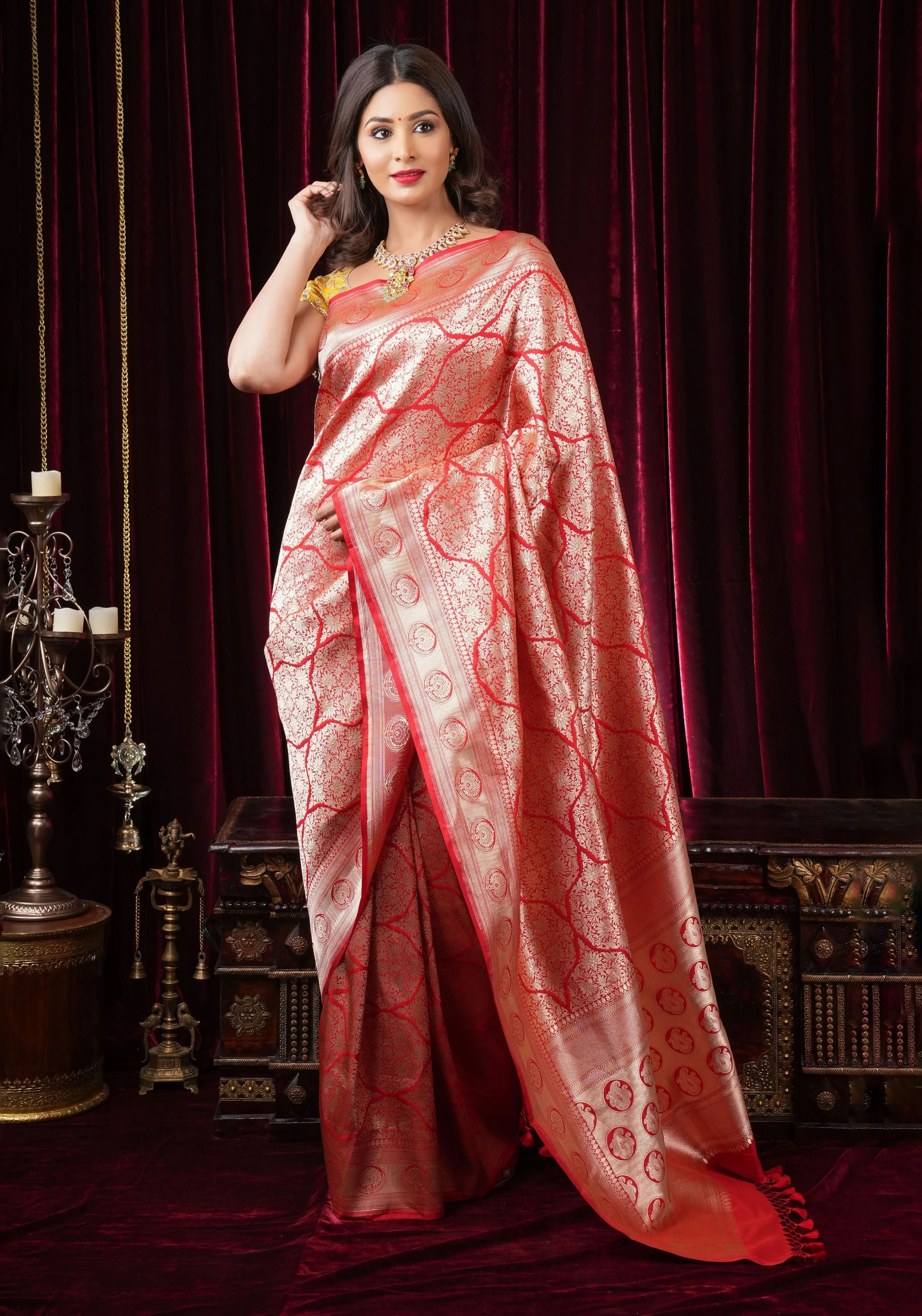 Magnificent Banarasi Katan Silk saree in Red with Persian Trellis Jaal  | SILK MARK CERTIFIED