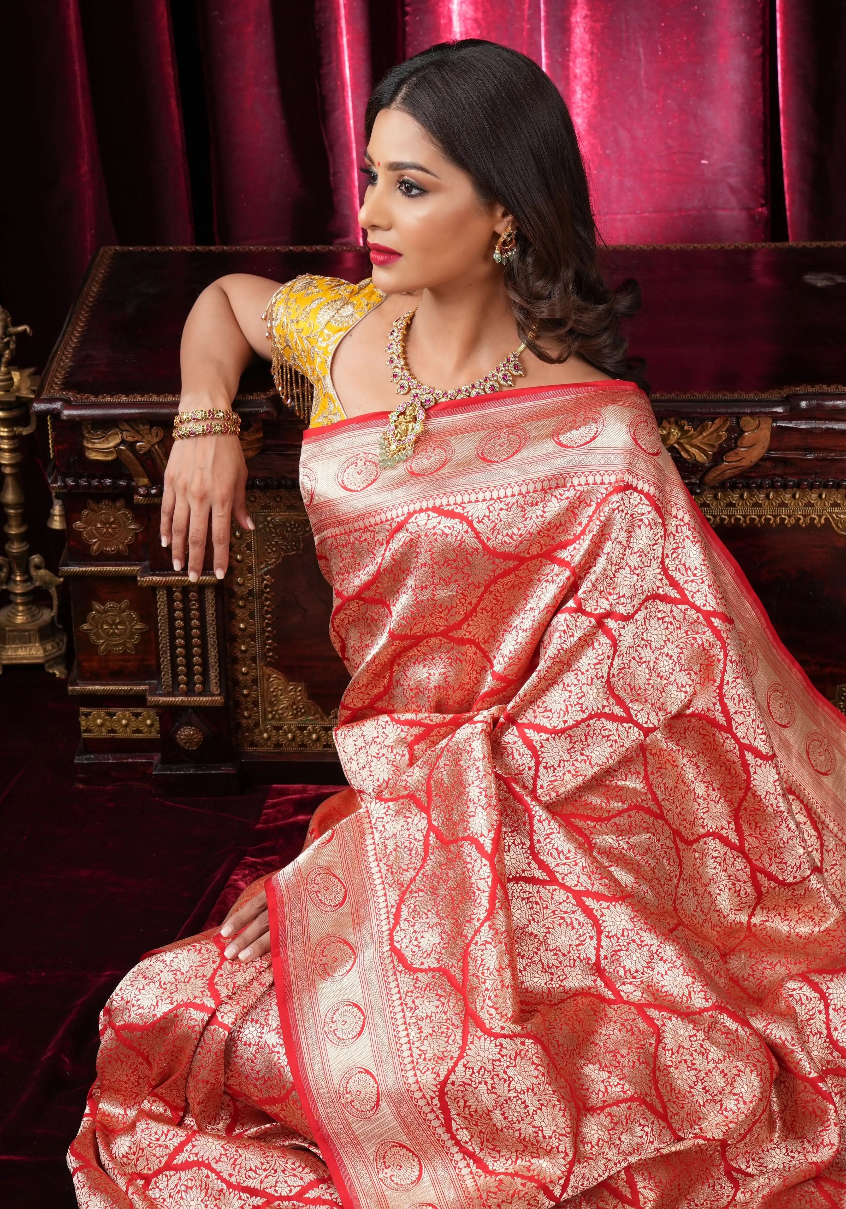 Magnificent Banarasi Katan Silk saree in Red with Persian Trellis Jaal  | SILK MARK CERTIFIED