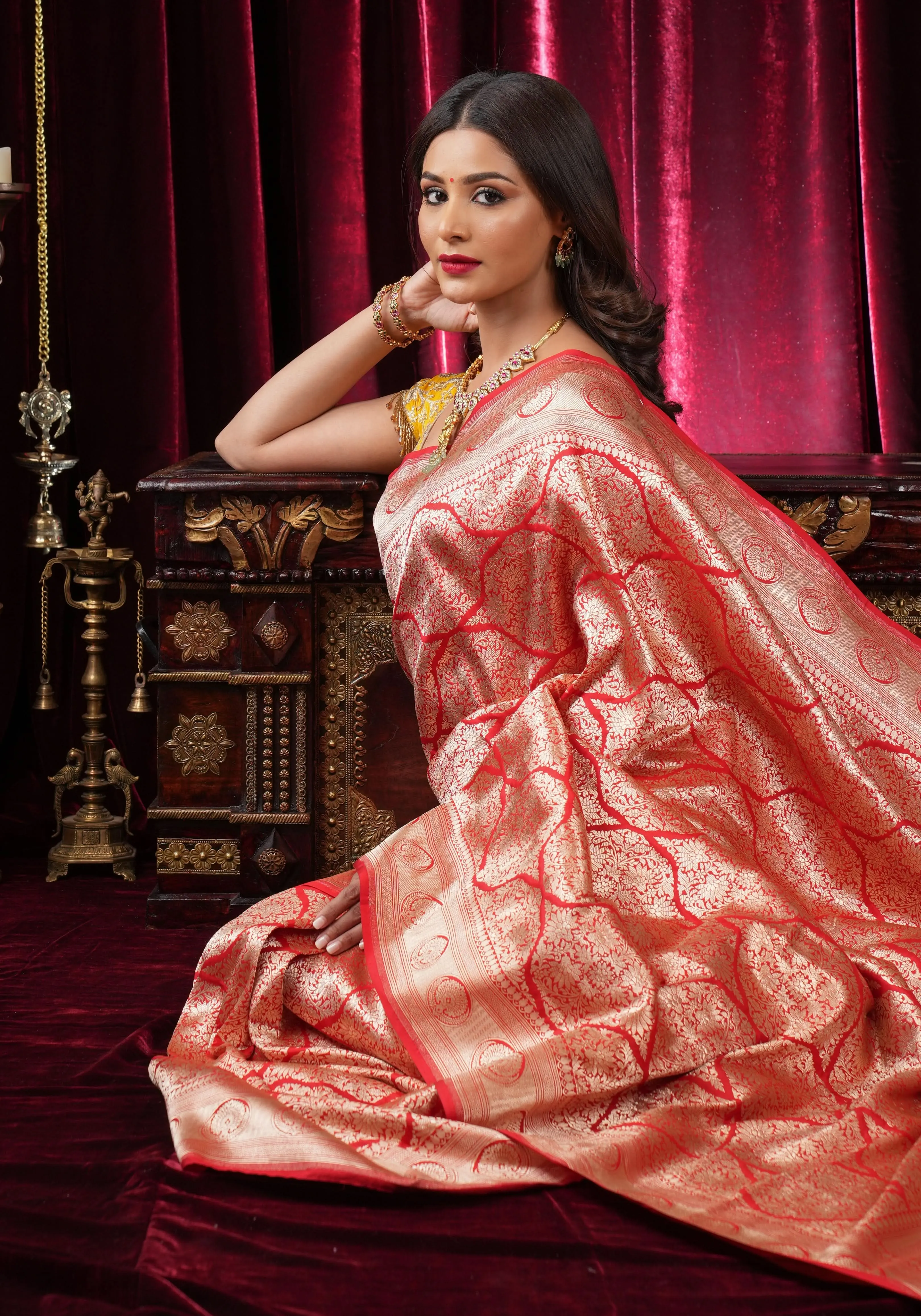 Magnificent Banarasi Katan Silk saree in Red with Persian Trellis Jaal  | SILK MARK CERTIFIED