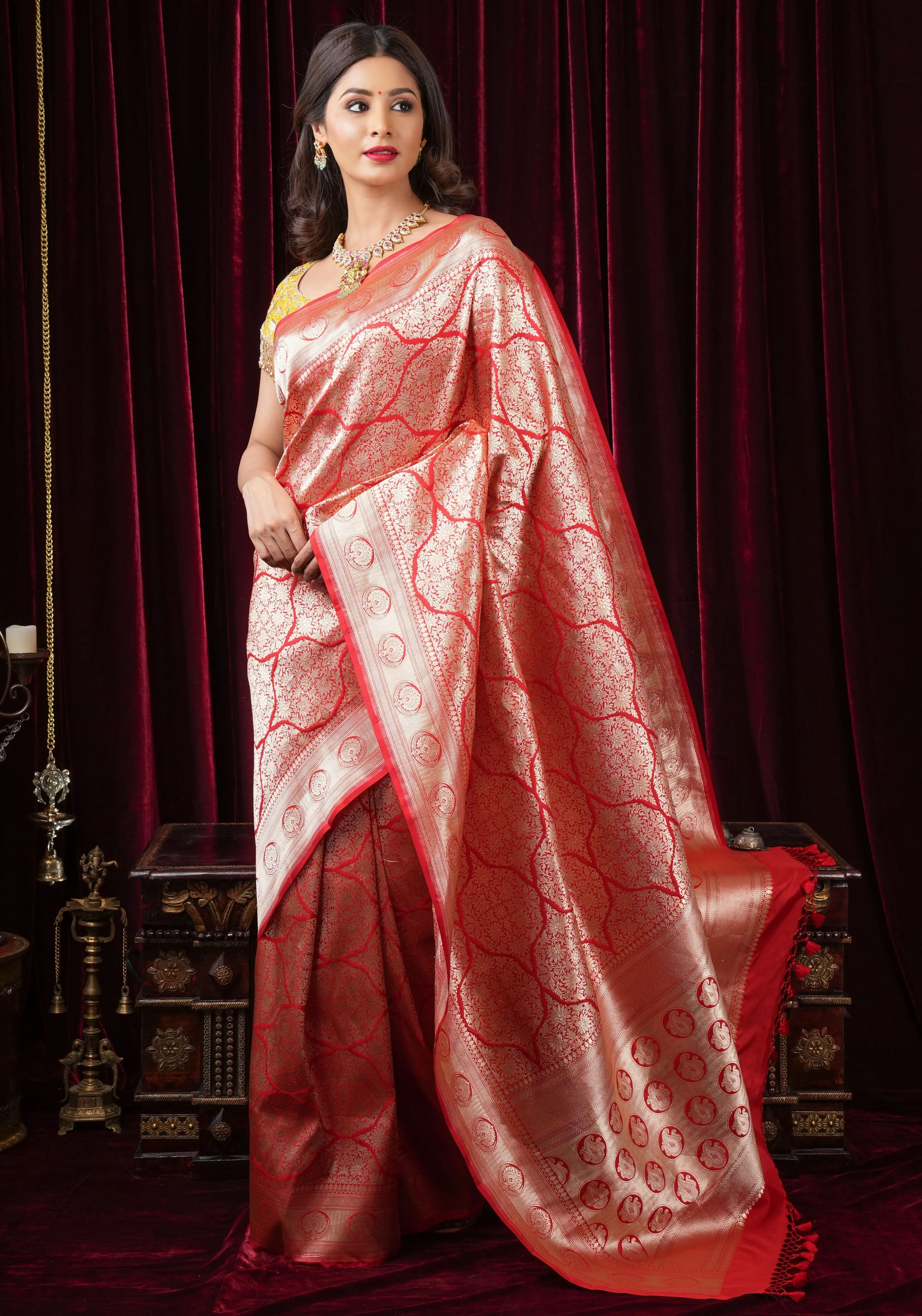 Magnificent Banarasi Katan Silk saree in Red with Persian Trellis Jaal  | SILK MARK CERTIFIED