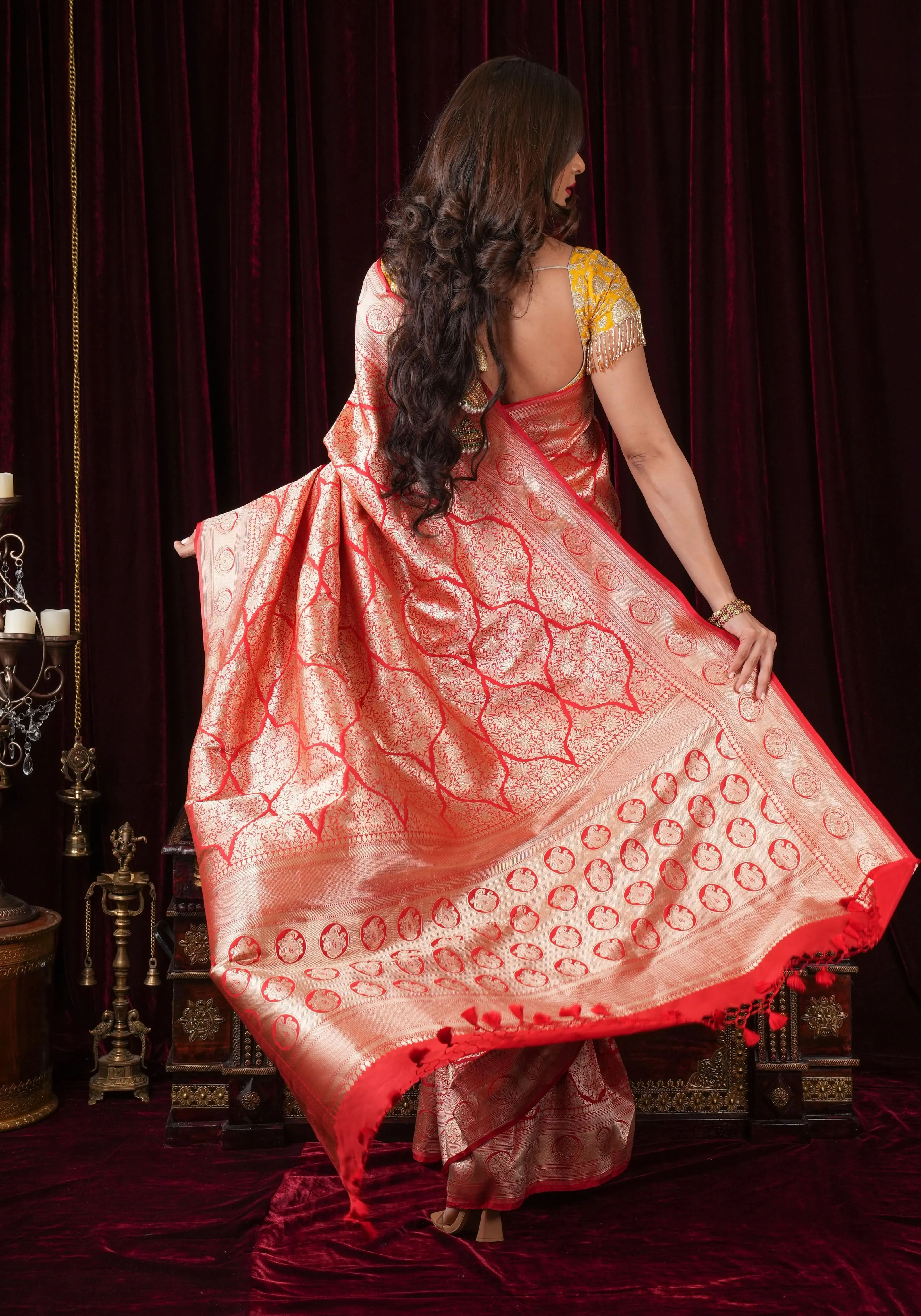 Magnificent Banarasi Katan Silk saree in Red with Persian Trellis Jaal  | SILK MARK CERTIFIED