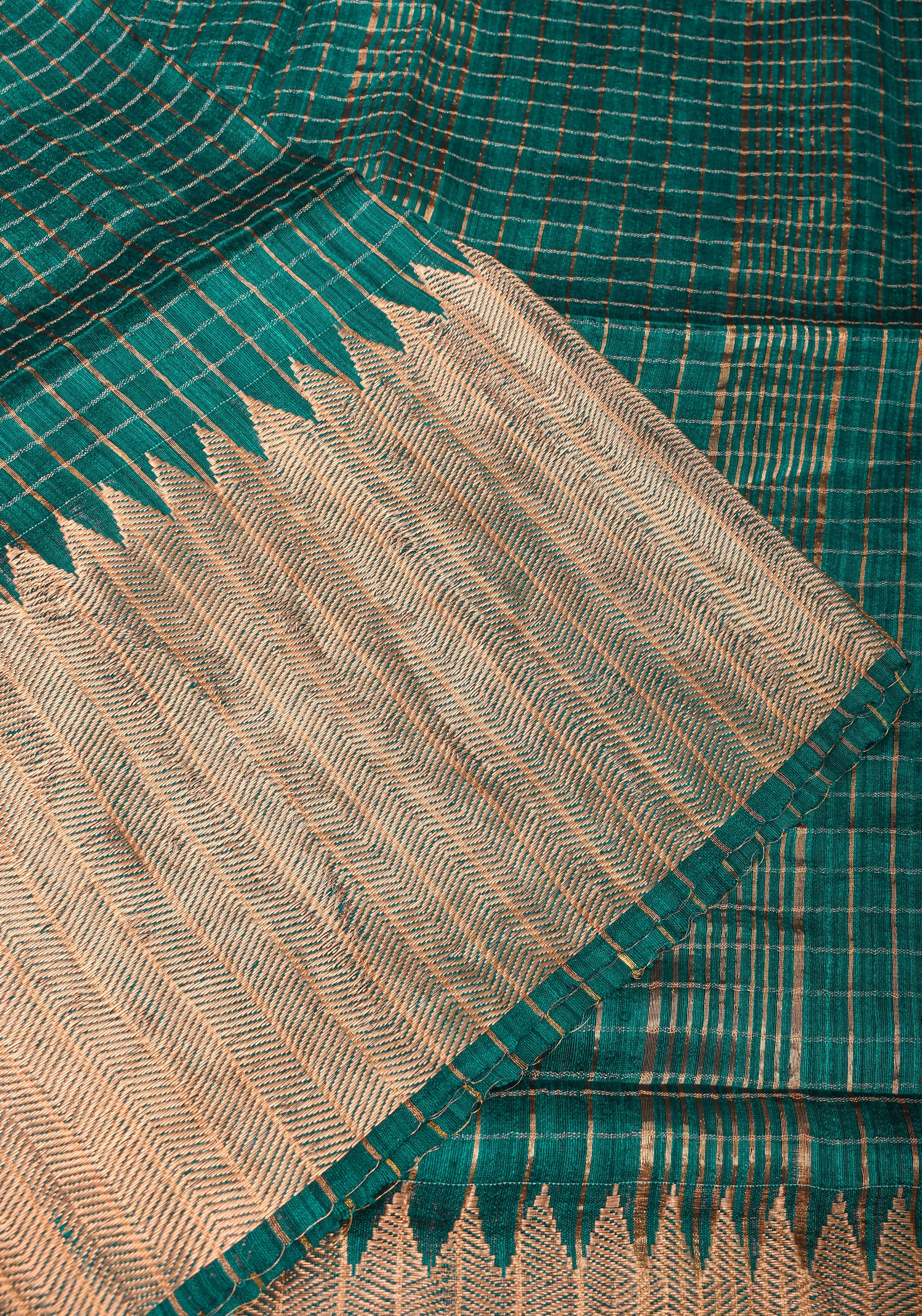 Matka Silk Saree in Green with Zari Checks and Wide Zari Temple Border | SILK MARK CERTIFIED