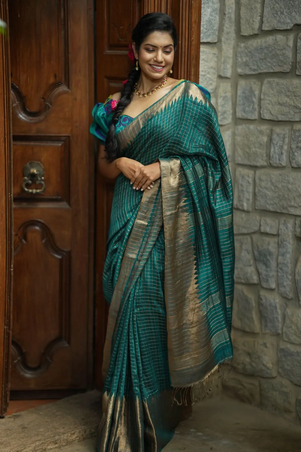 Matka Silk Saree in Green with Zari Checks and Wide Zari Temple Border | SILK MARK CERTIFIED