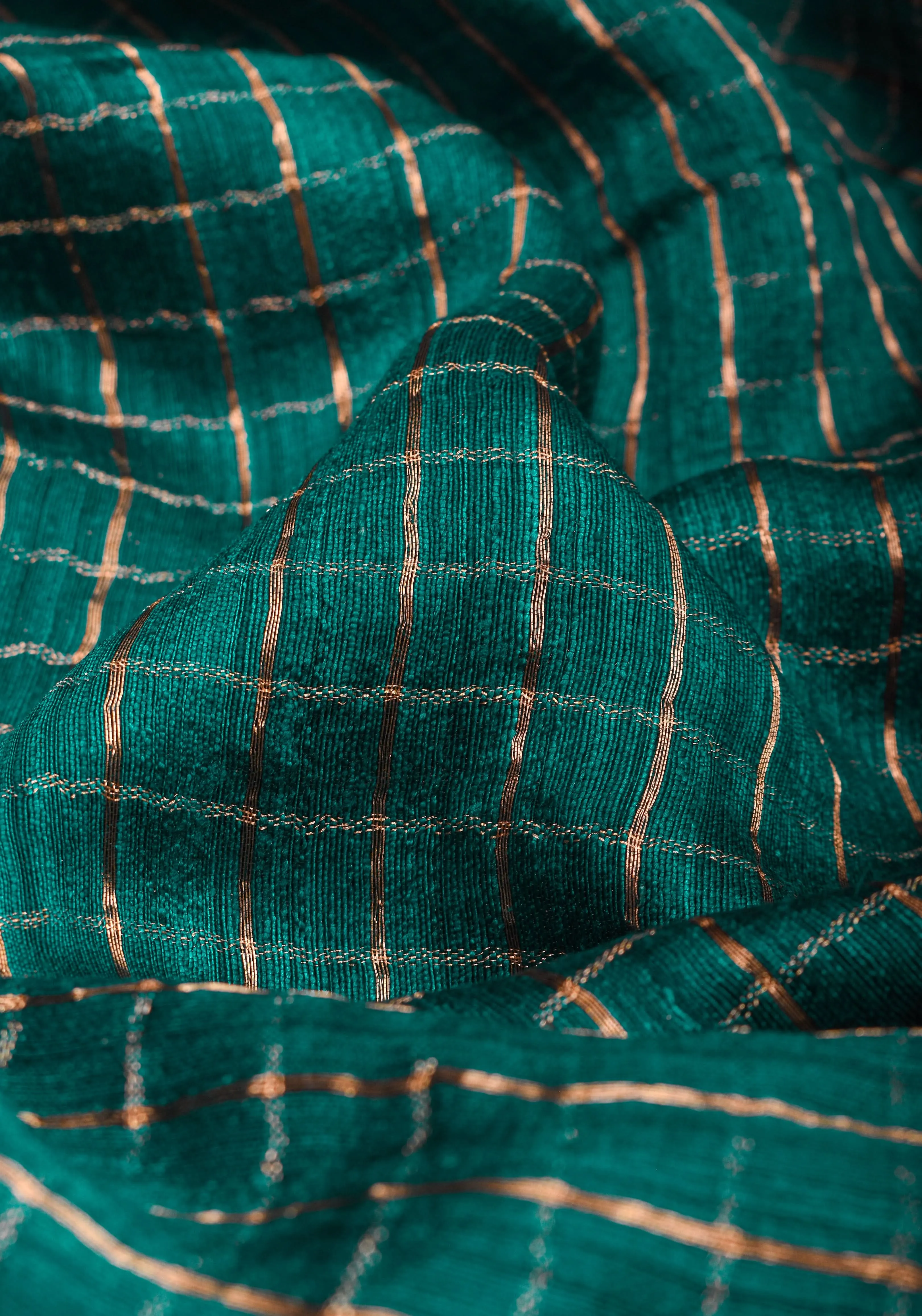 Matka Silk Saree in Green with Zari Checks and Wide Zari Temple Border | SILK MARK CERTIFIED