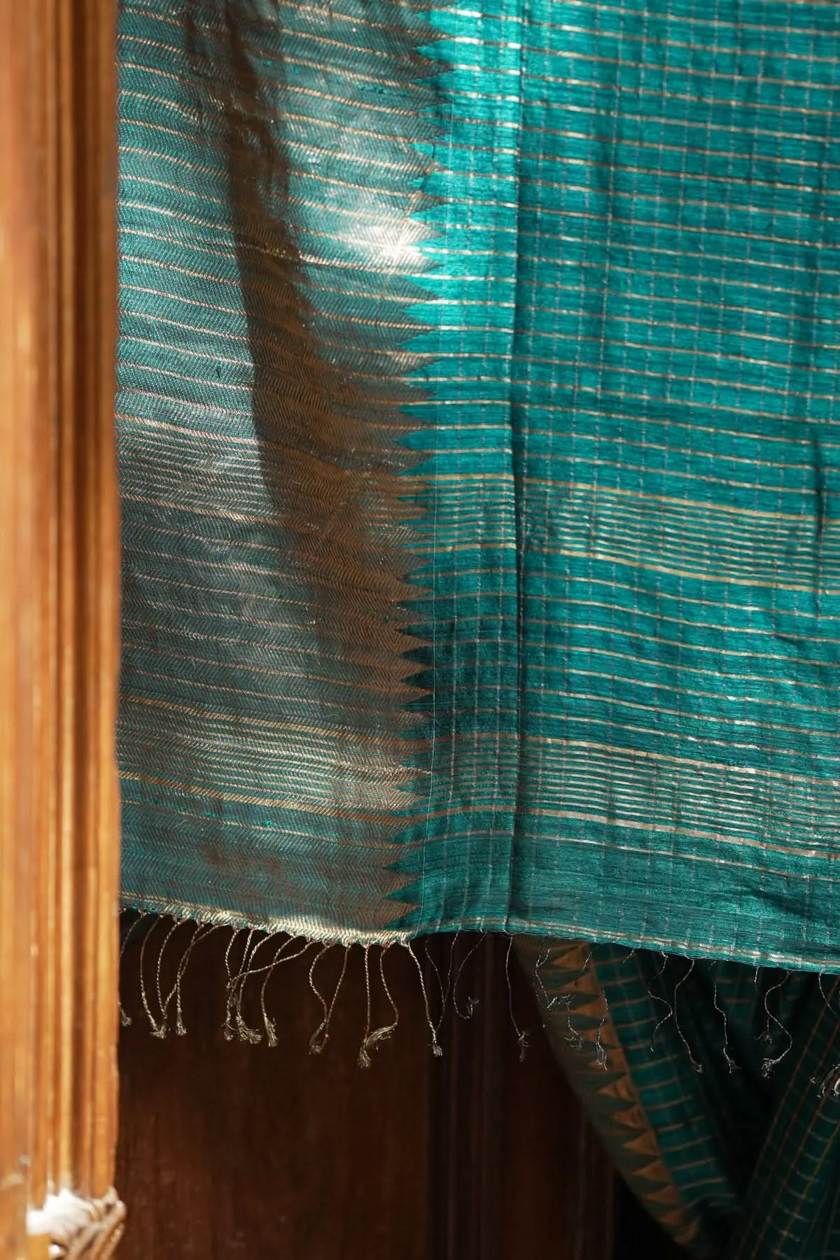 Matka Silk Saree in Green with Zari Checks and Wide Zari Temple Border | SILK MARK CERTIFIED