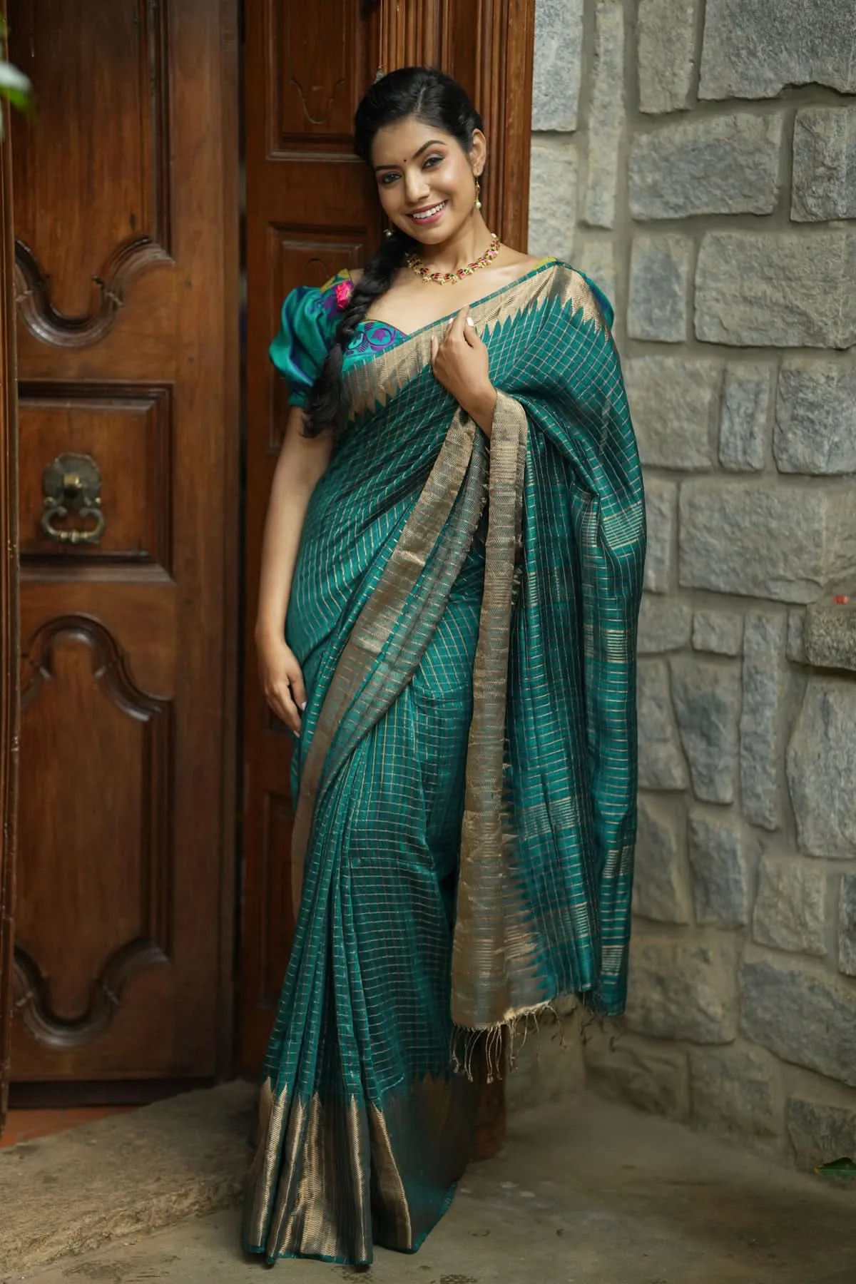 Matka Silk Saree in Green with Zari Checks and Wide Zari Temple Border | SILK MARK CERTIFIED