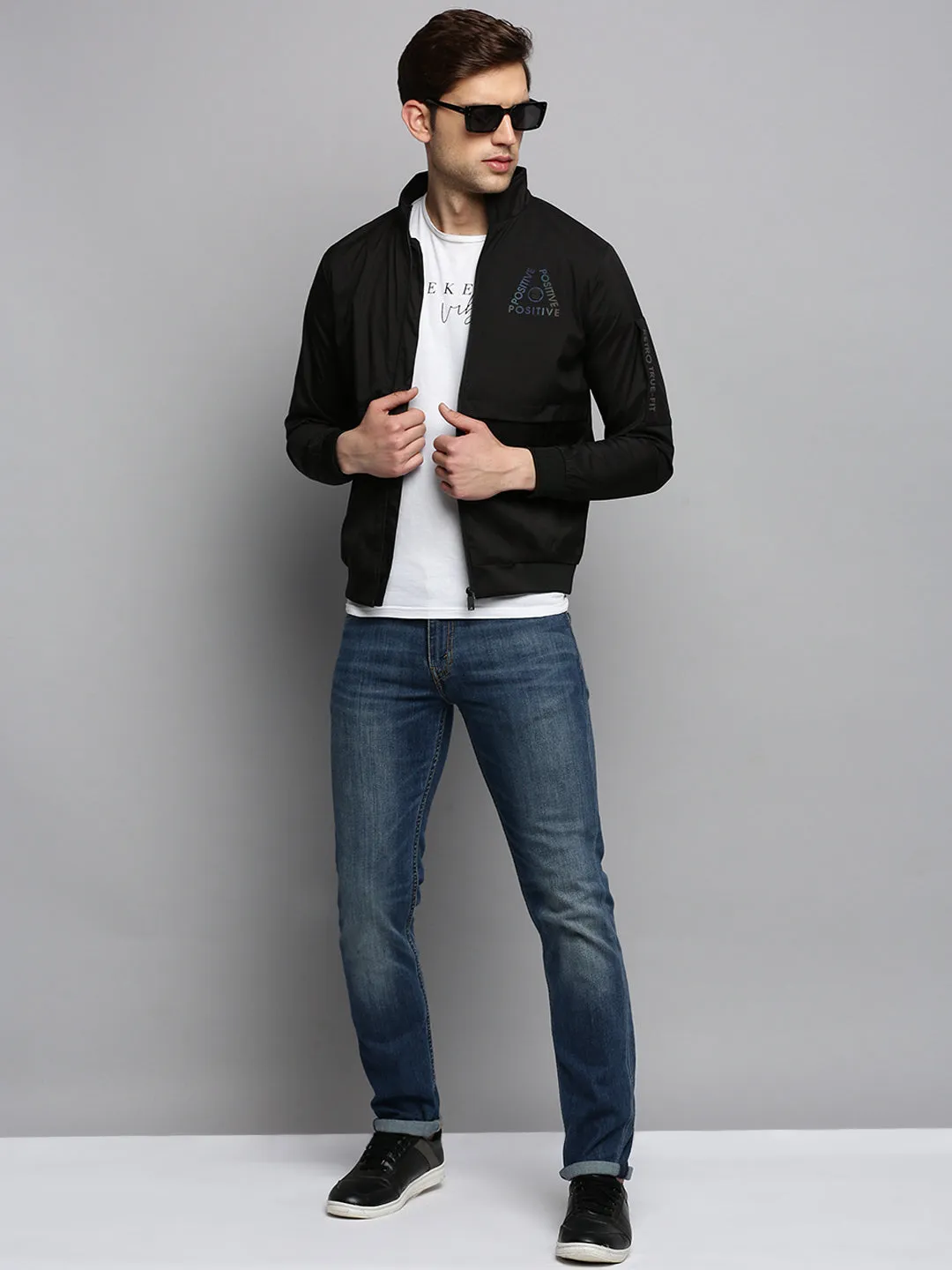 Men Mock Collar Solid Black Open Front Jacket