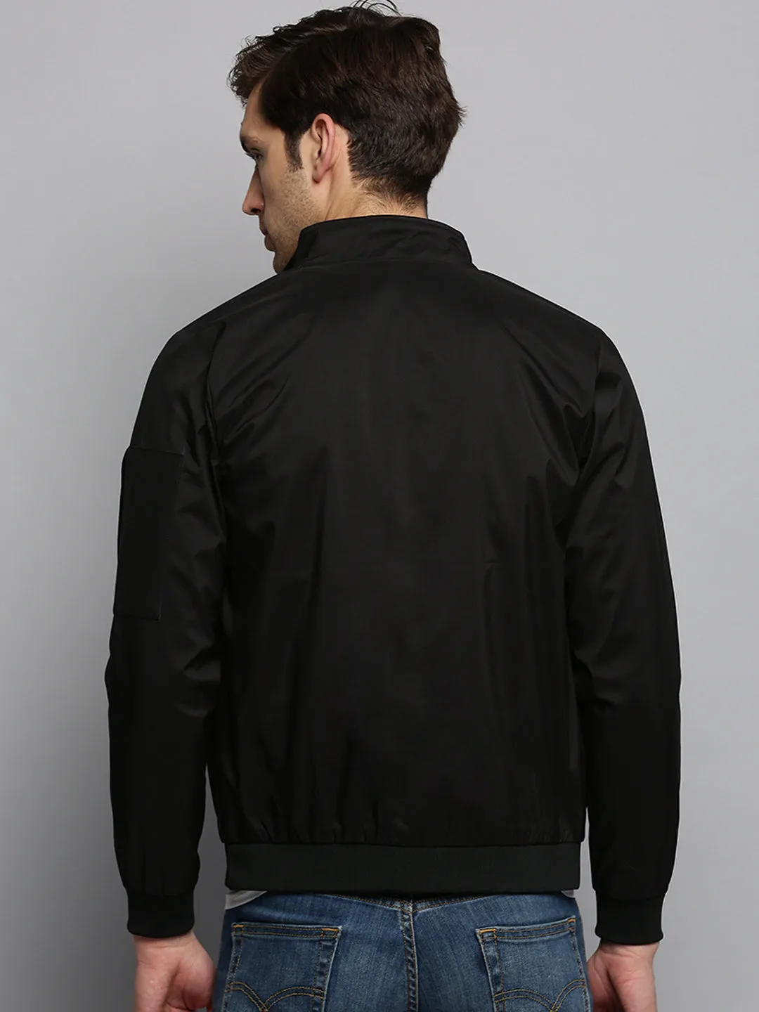 Men Mock Collar Solid Black Open Front Jacket