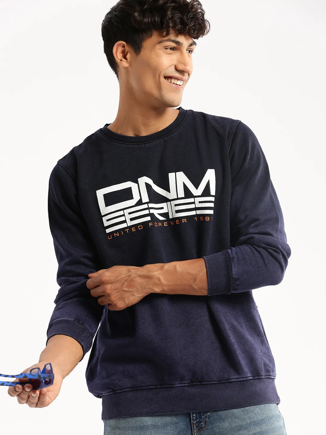 Men Navy Blue Round Neck Typography Pullover