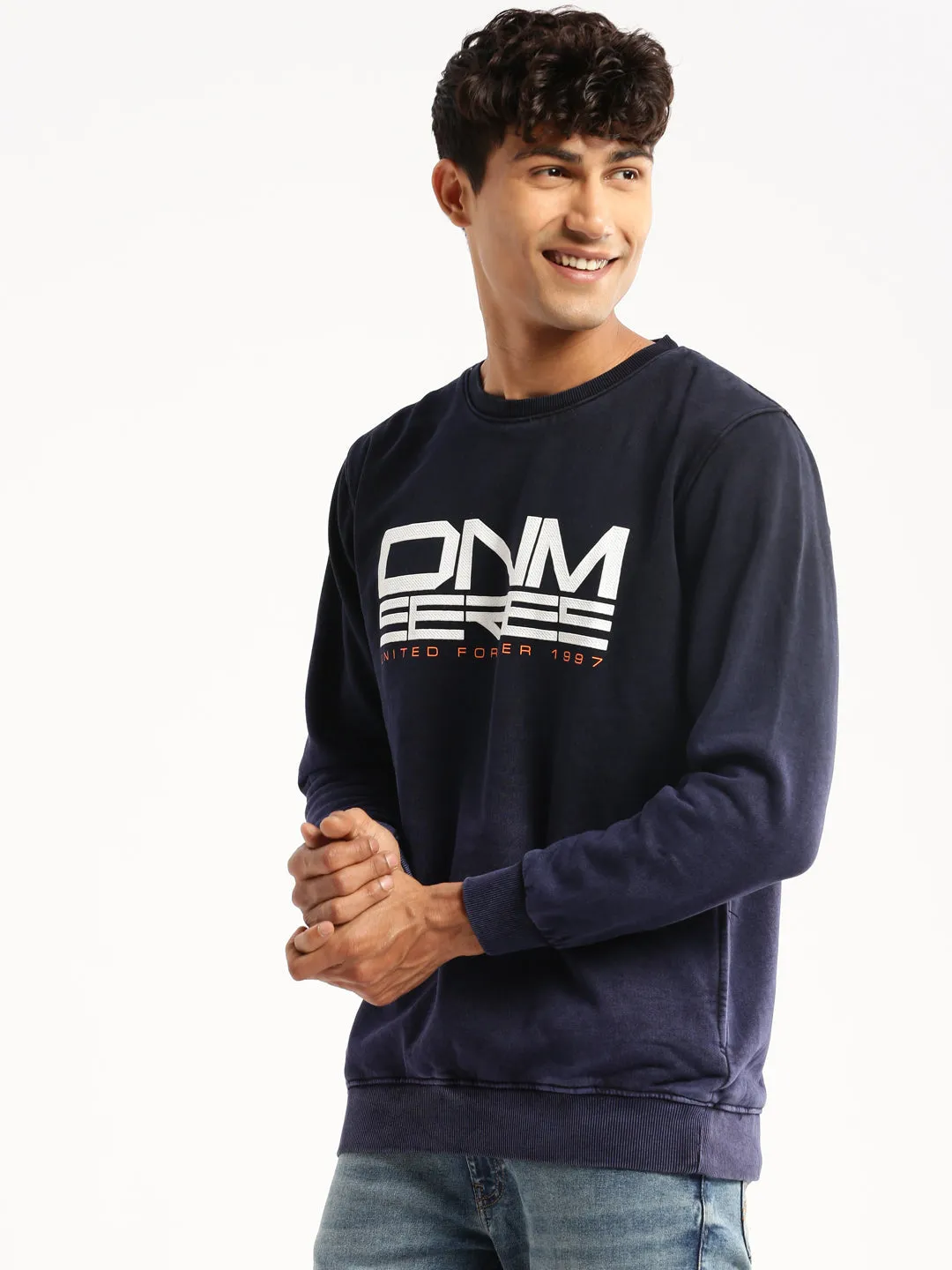 Men Navy Blue Round Neck Typography Pullover