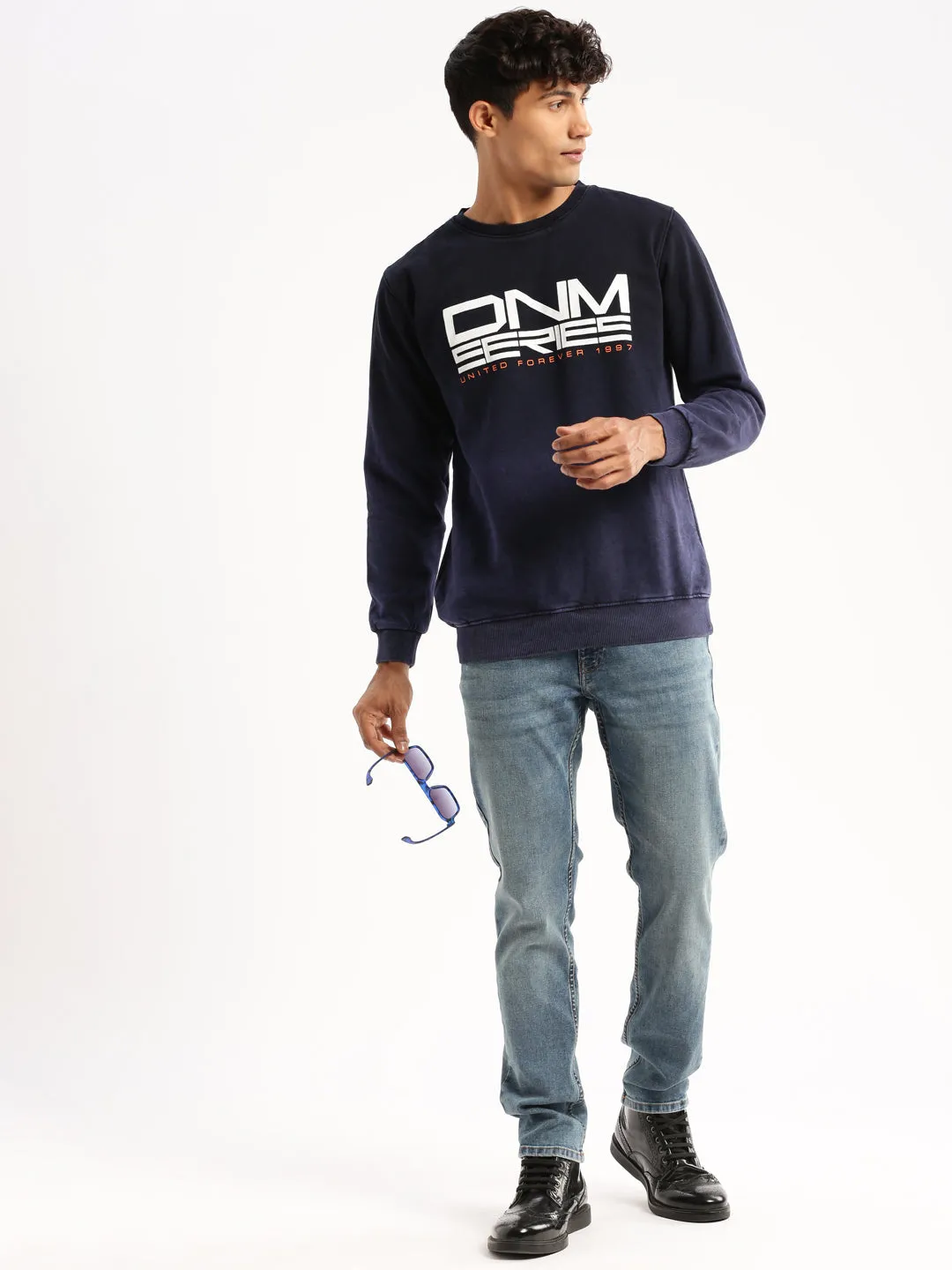 Men Navy Blue Round Neck Typography Pullover