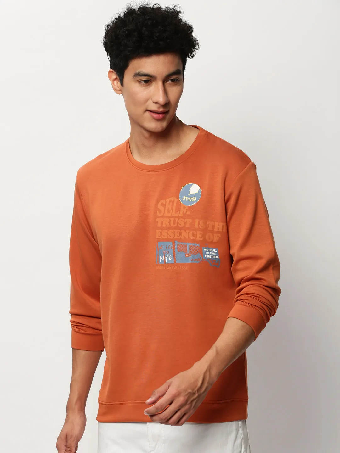 Men Orange Graphics Casual Sweatshirts