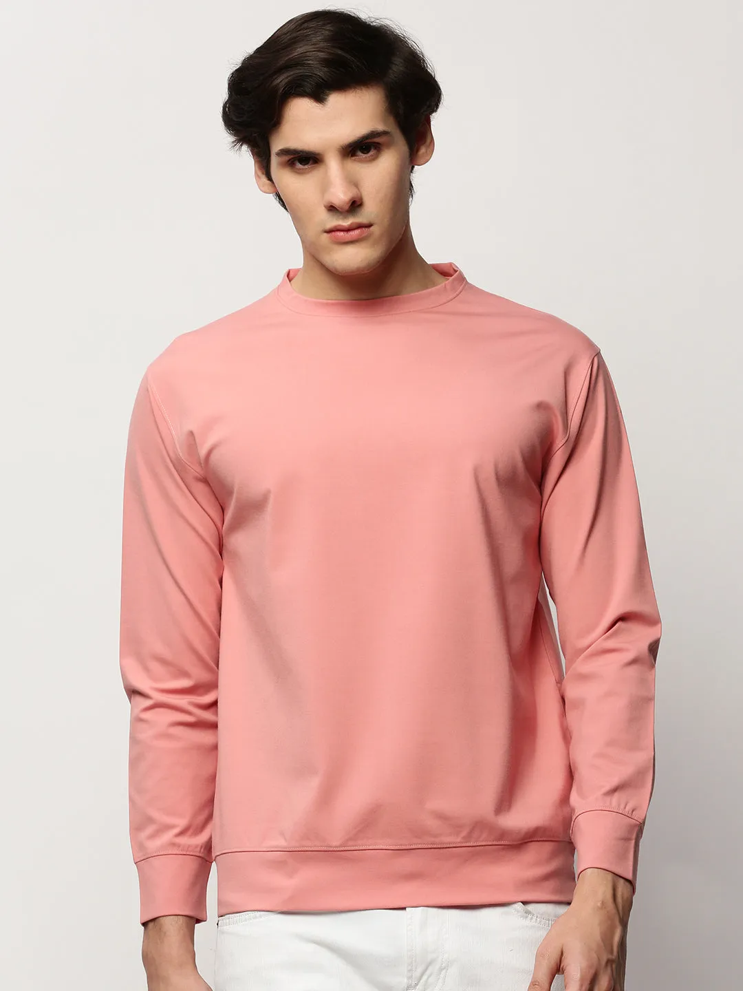 Men Peach Solid Casual Sweatshirts