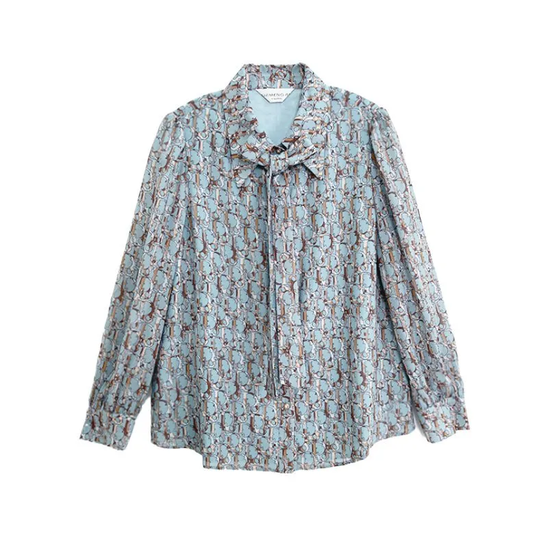 Mist Blue Bow Tie Printed Blouses