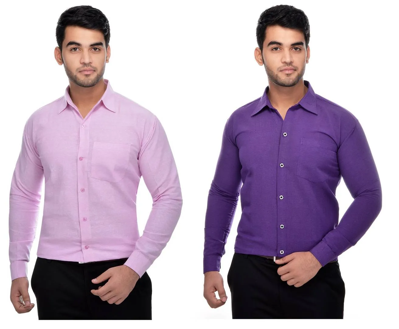 Multicoloured Khadi Solid Long Sleeve Formal Shirt (Combo of 2)