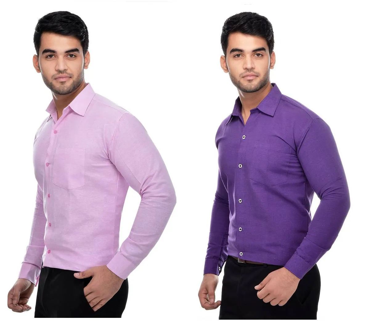 Multicoloured Khadi Solid Long Sleeve Formal Shirt (Combo of 2)