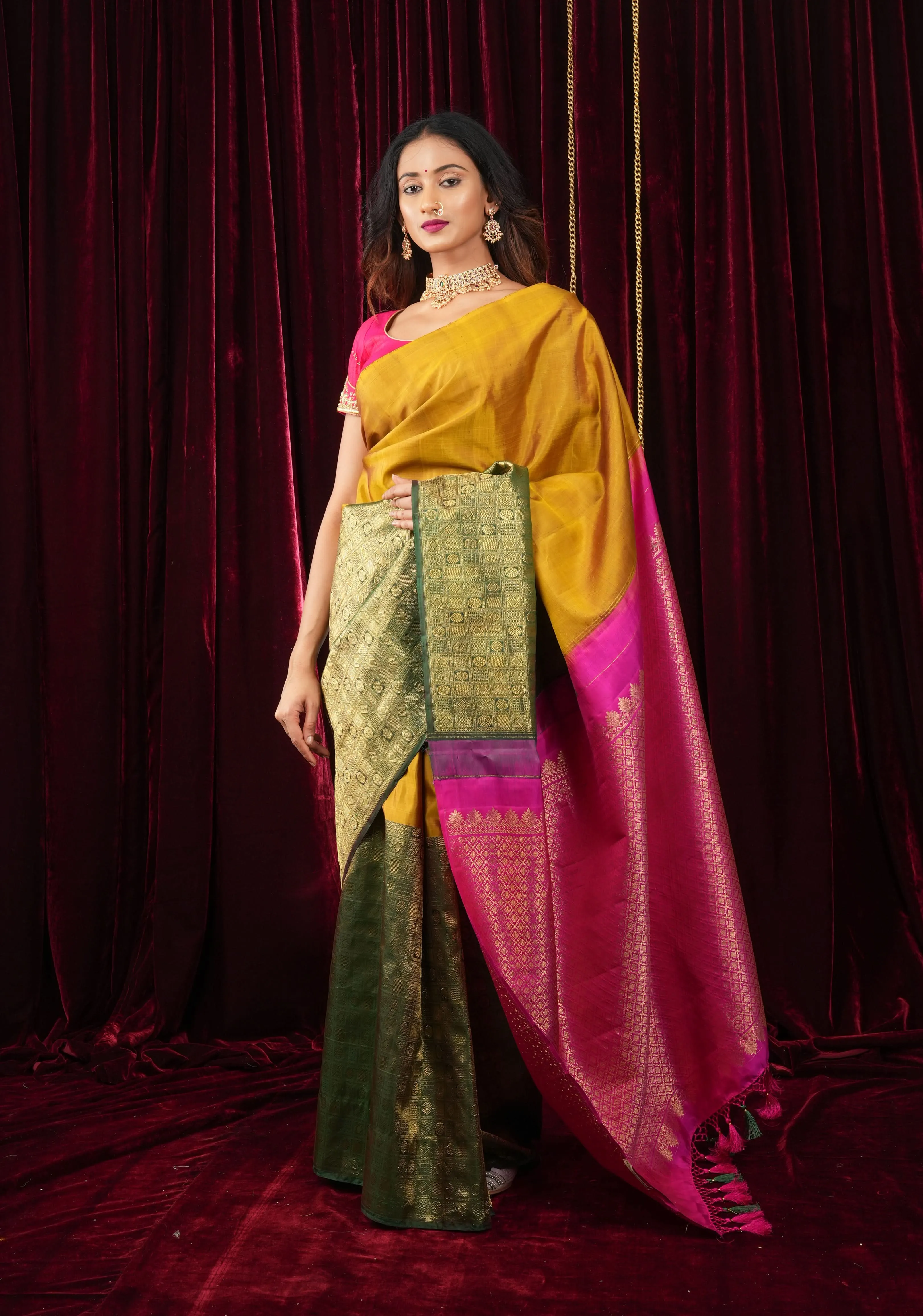 Mustard and Green Stunning Half Border Kanjivaram Pure Silk saree with Pink Pallu | SILK MARK CERTIFIED