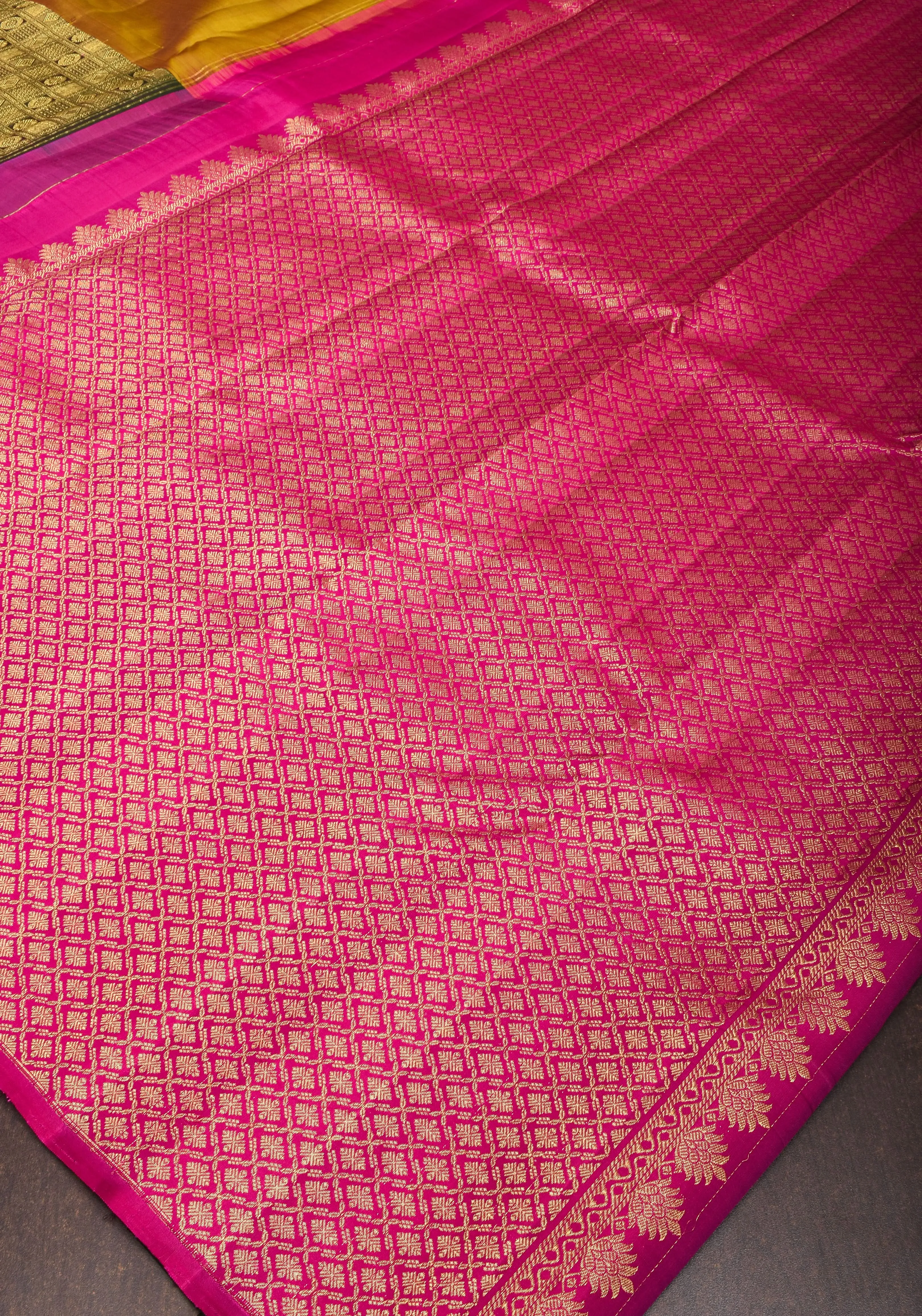 Mustard and Green Stunning Half Border Kanjivaram Pure Silk saree with Pink Pallu | SILK MARK CERTIFIED