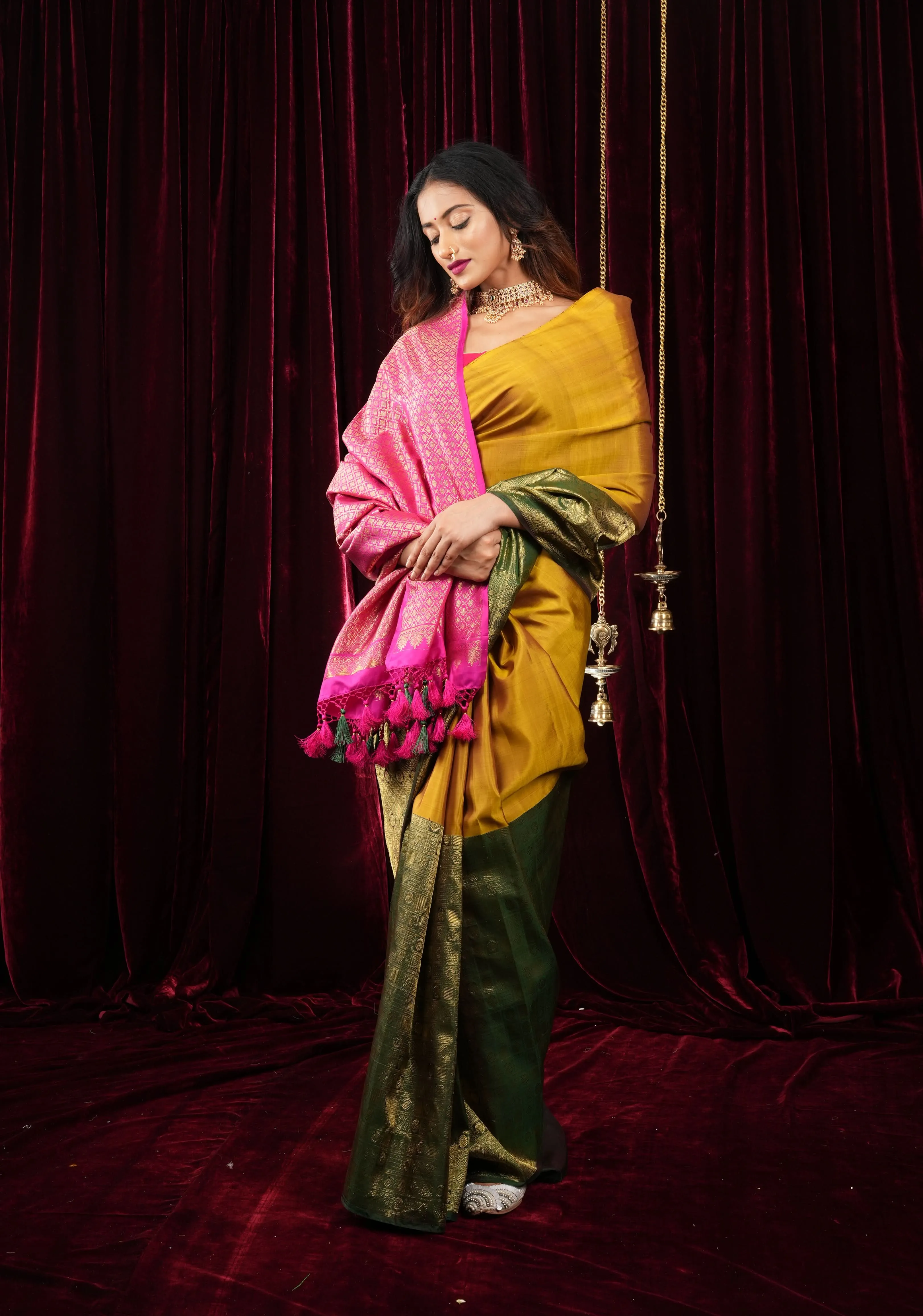 Mustard and Green Stunning Half Border Kanjivaram Pure Silk saree with Pink Pallu | SILK MARK CERTIFIED