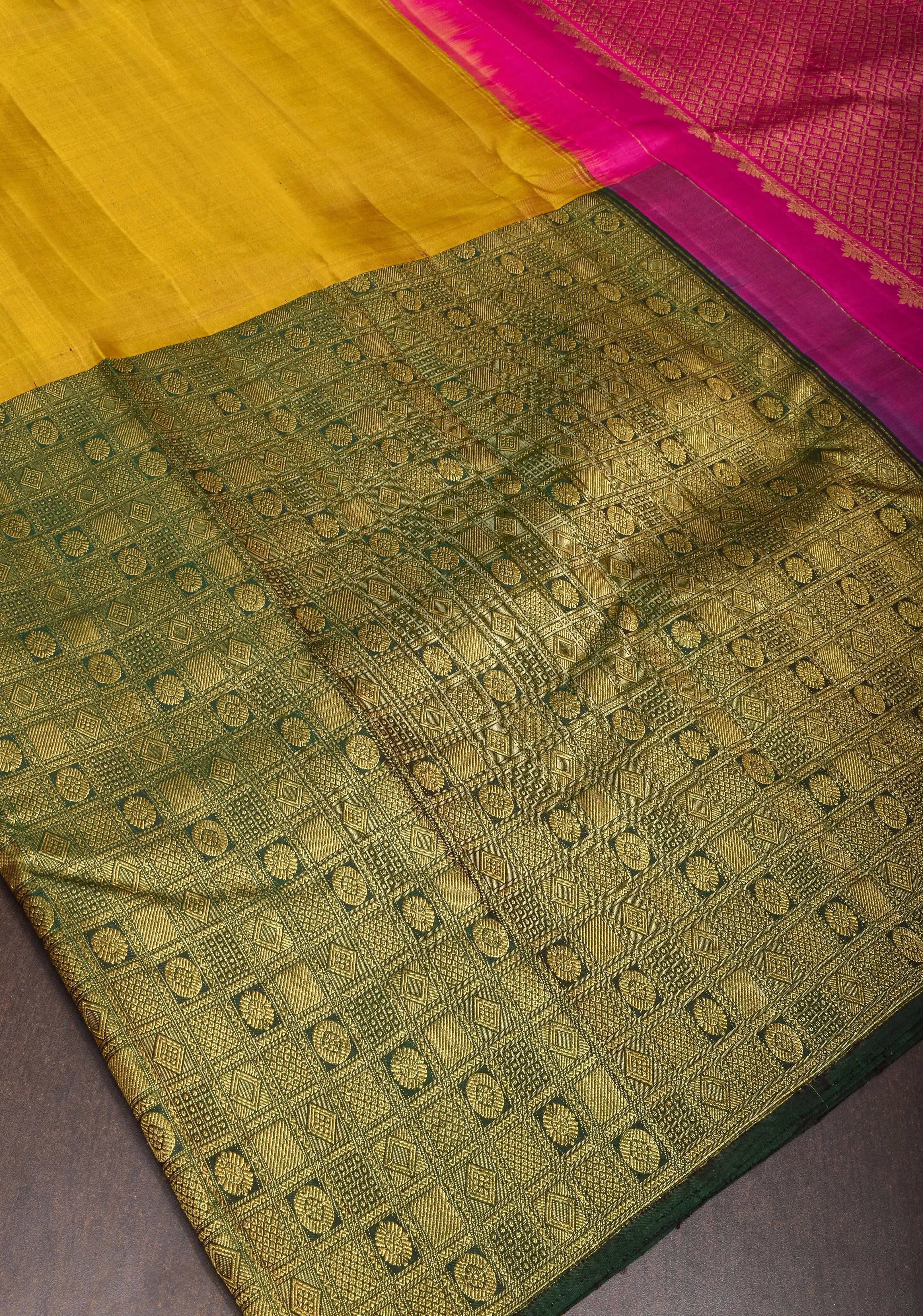 Mustard and Green Stunning Half Border Kanjivaram Pure Silk saree with Pink Pallu | SILK MARK CERTIFIED