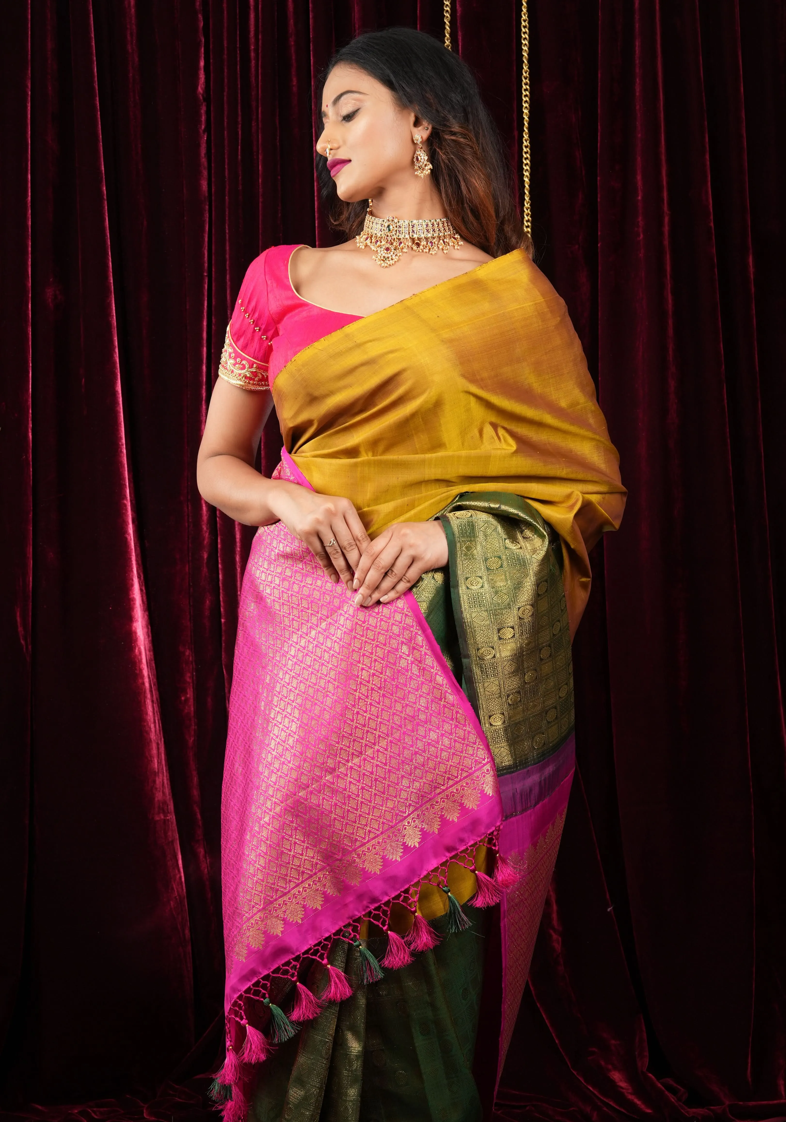 Mustard and Green Stunning Half Border Kanjivaram Pure Silk saree with Pink Pallu | SILK MARK CERTIFIED