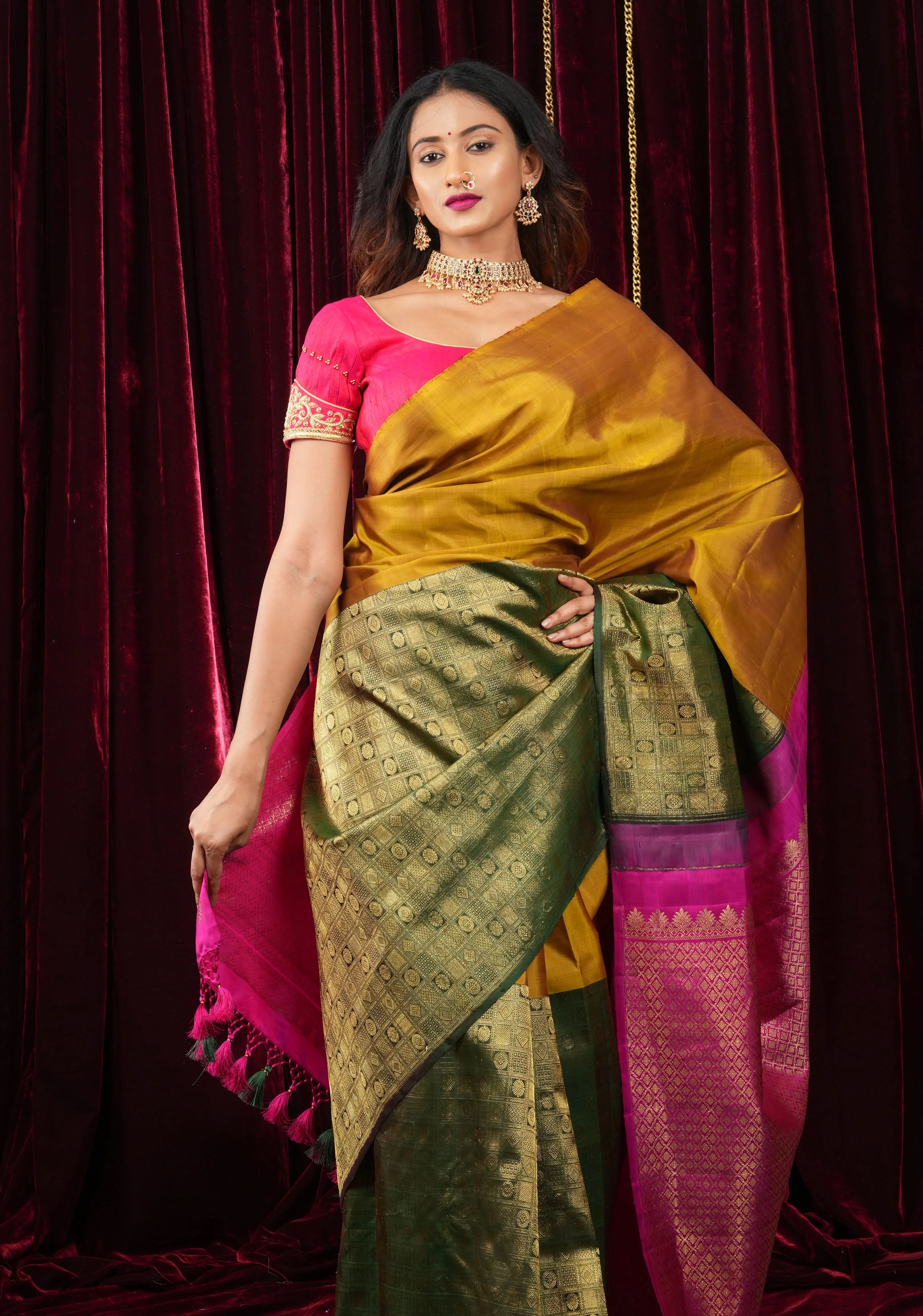 Mustard and Green Stunning Half Border Kanjivaram Pure Silk saree with Pink Pallu | SILK MARK CERTIFIED