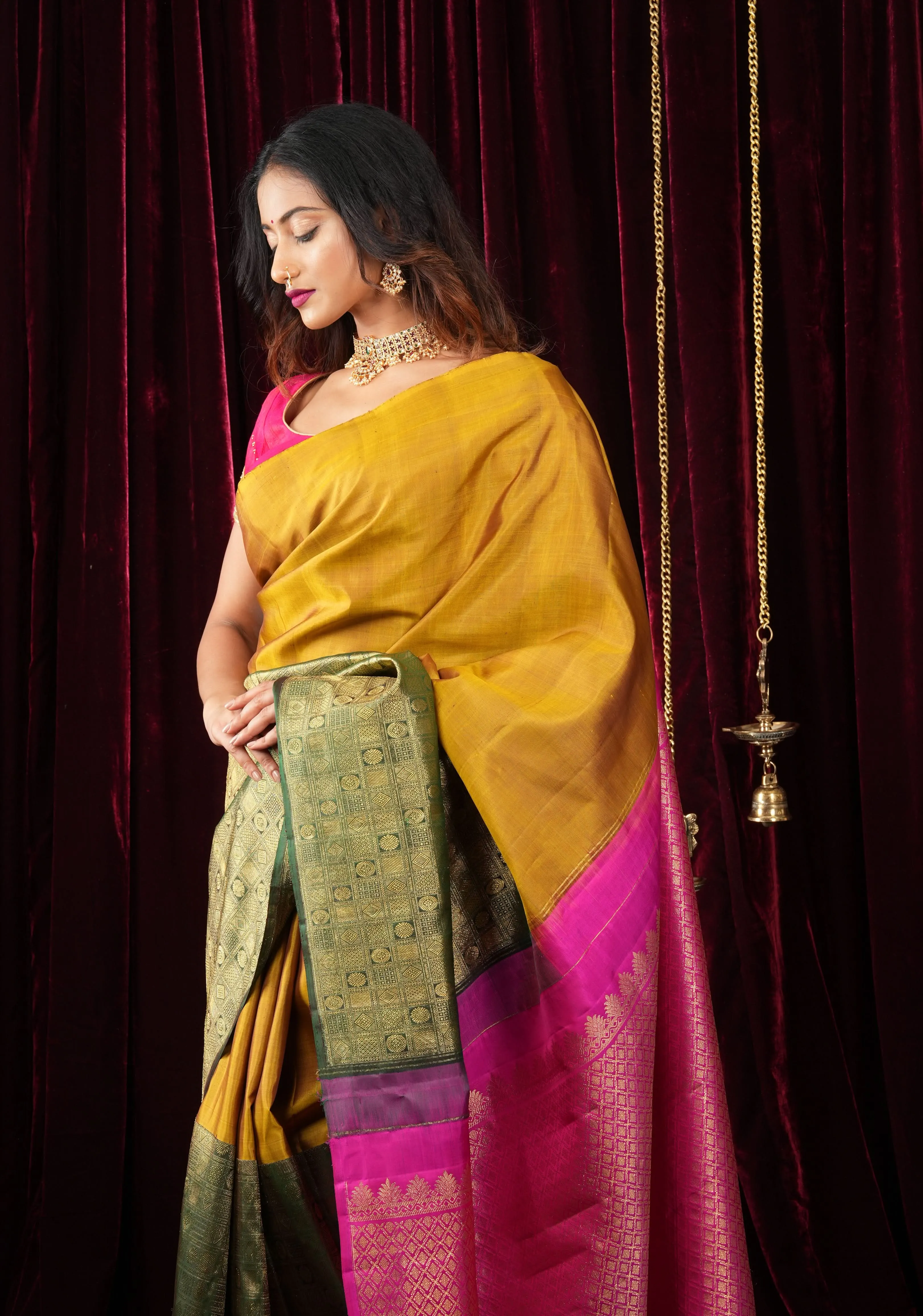 Mustard and Green Stunning Half Border Kanjivaram Pure Silk saree with Pink Pallu | SILK MARK CERTIFIED