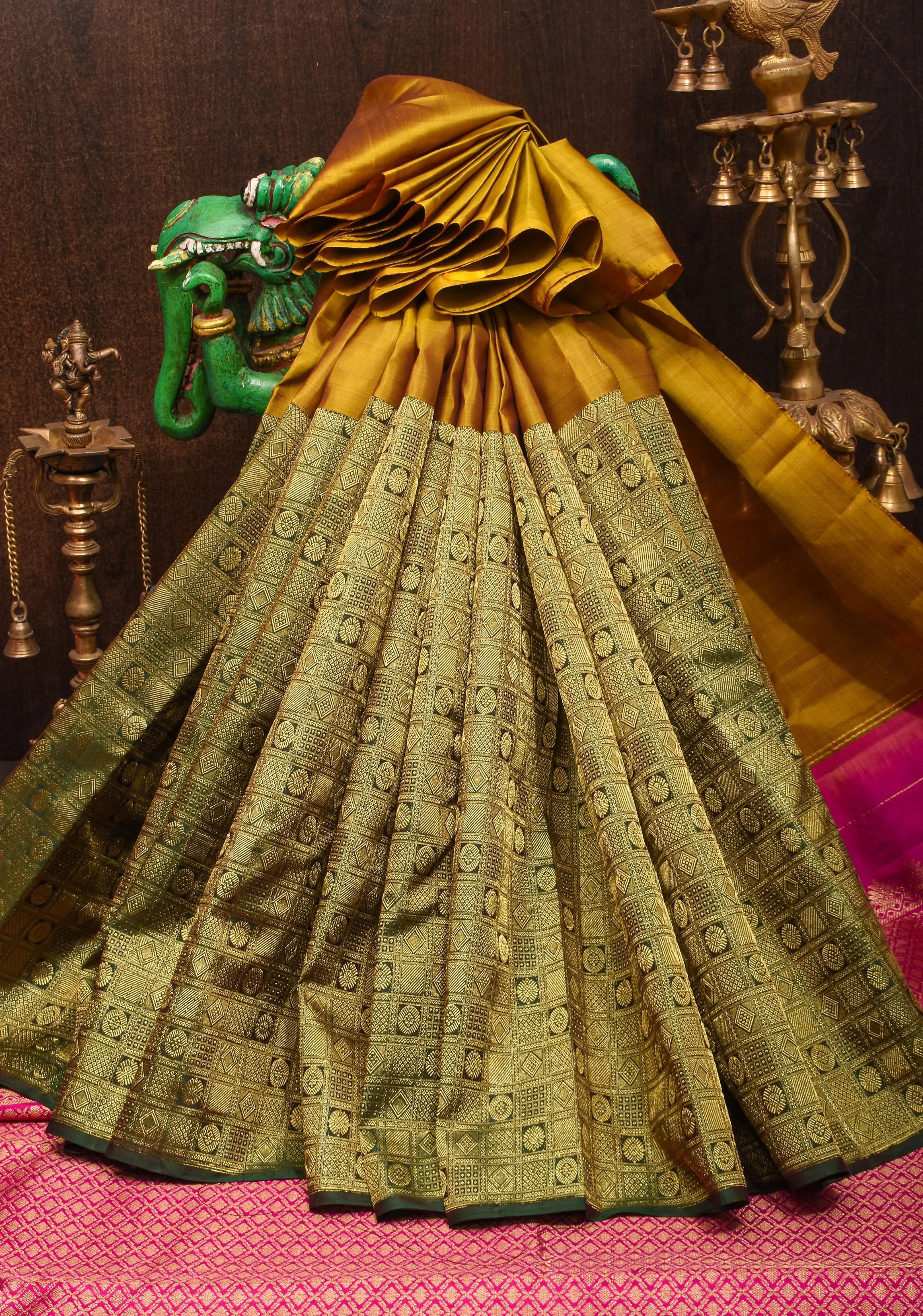 Mustard and Green Stunning Half Border Kanjivaram Pure Silk saree with Pink Pallu | SILK MARK CERTIFIED