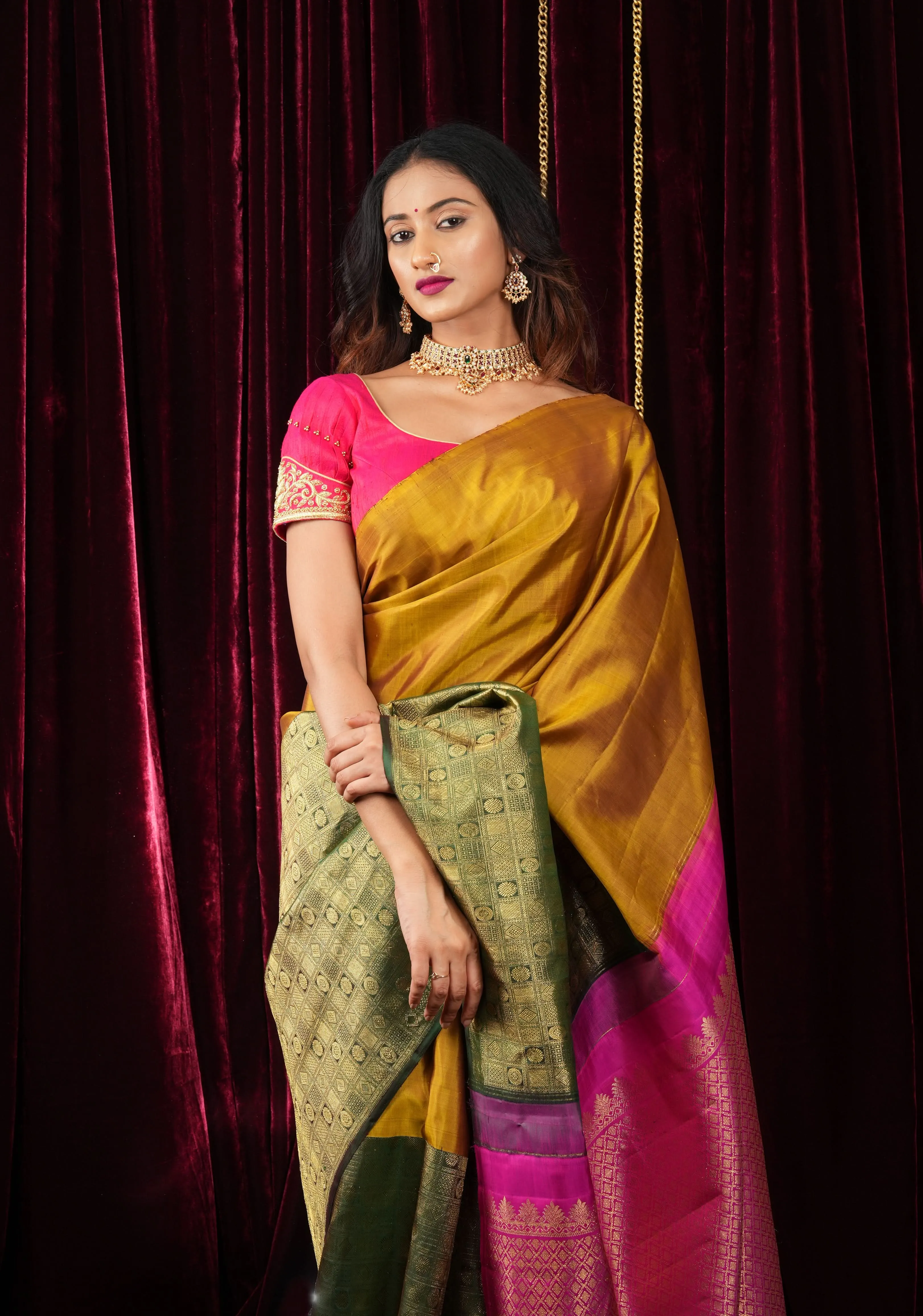 Mustard and Green Stunning Half Border Kanjivaram Pure Silk saree with Pink Pallu | SILK MARK CERTIFIED