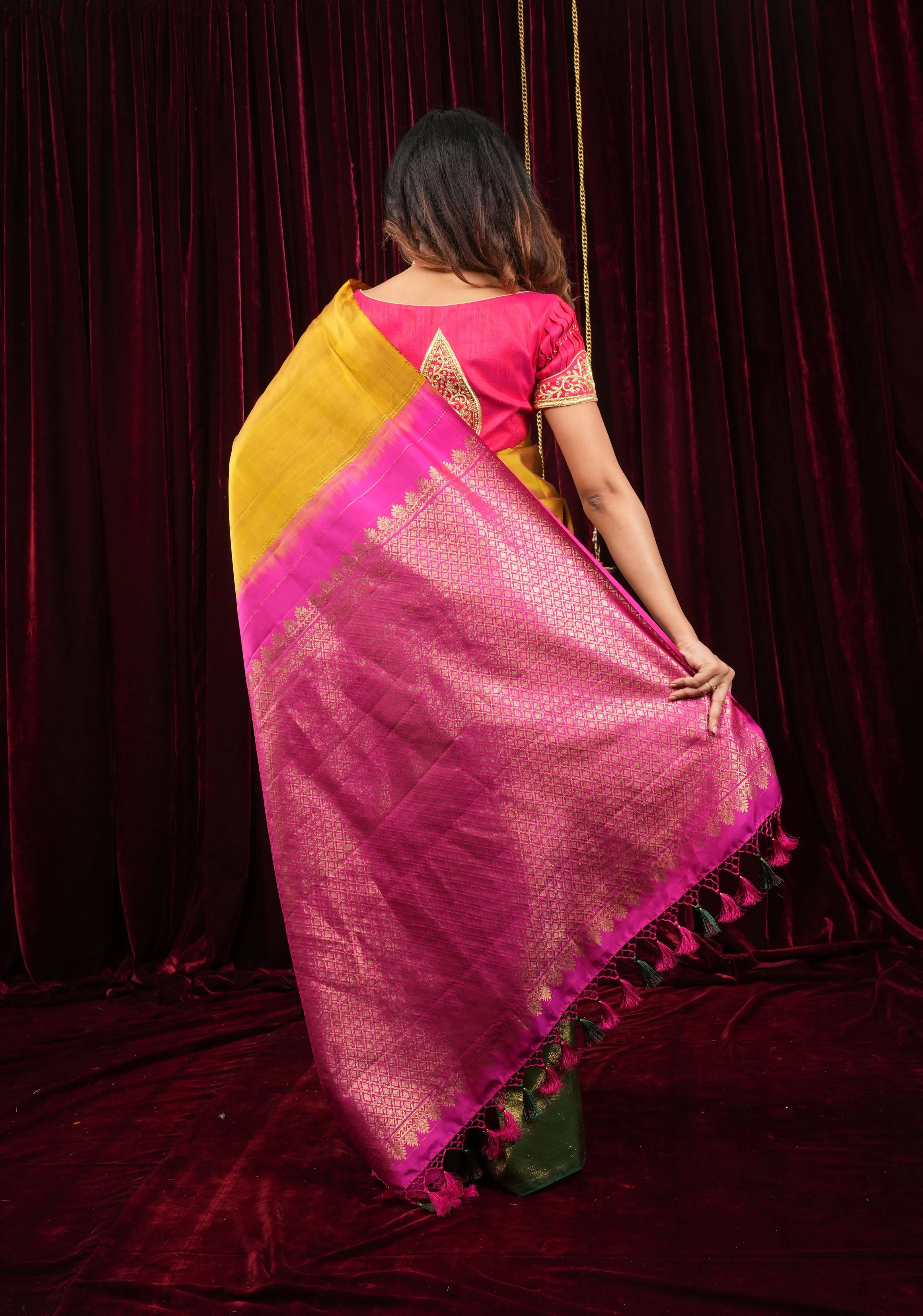 Mustard and Green Stunning Half Border Kanjivaram Pure Silk saree with Pink Pallu | SILK MARK CERTIFIED