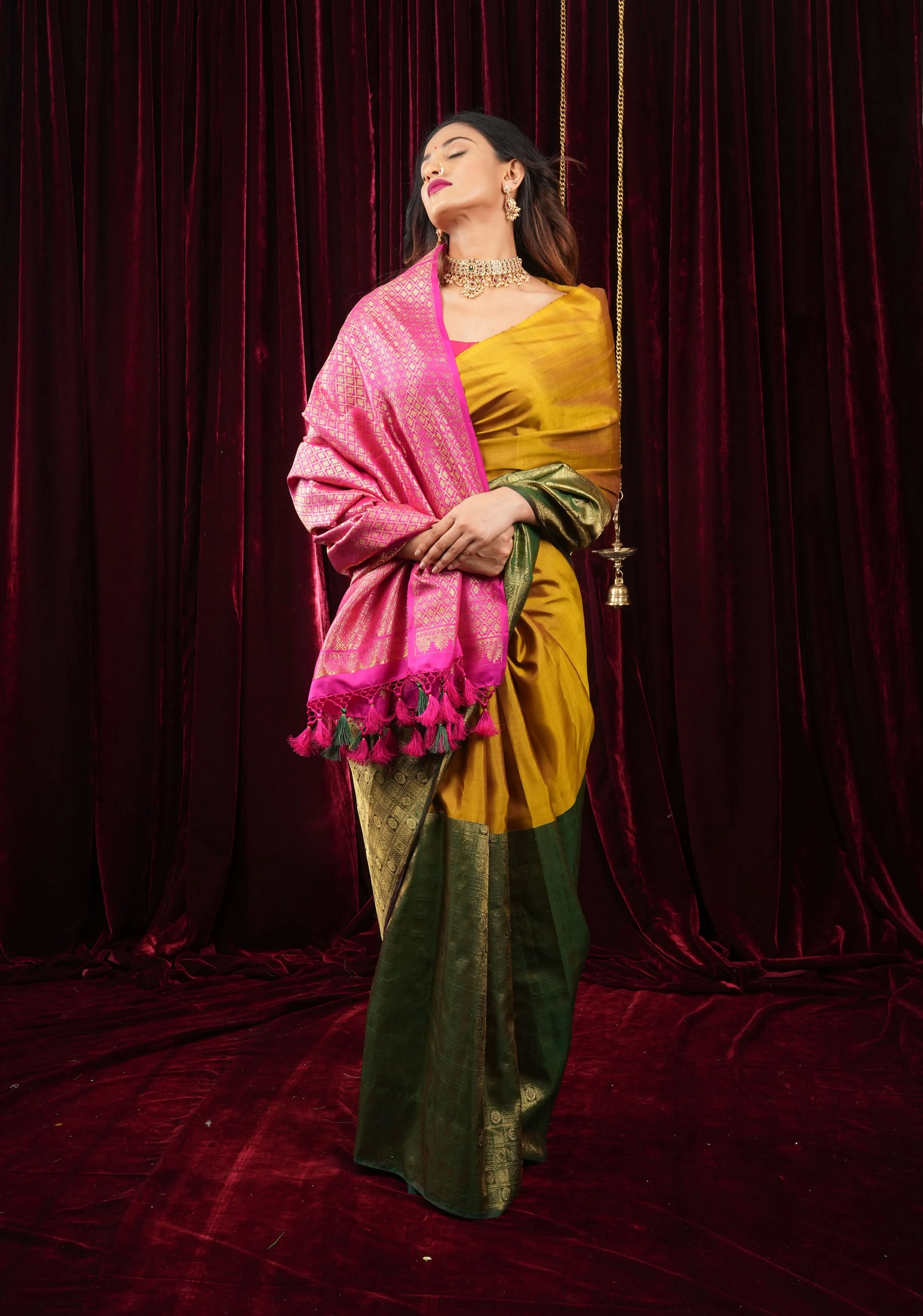 Mustard and Green Stunning Half Border Kanjivaram Pure Silk saree with Pink Pallu | SILK MARK CERTIFIED