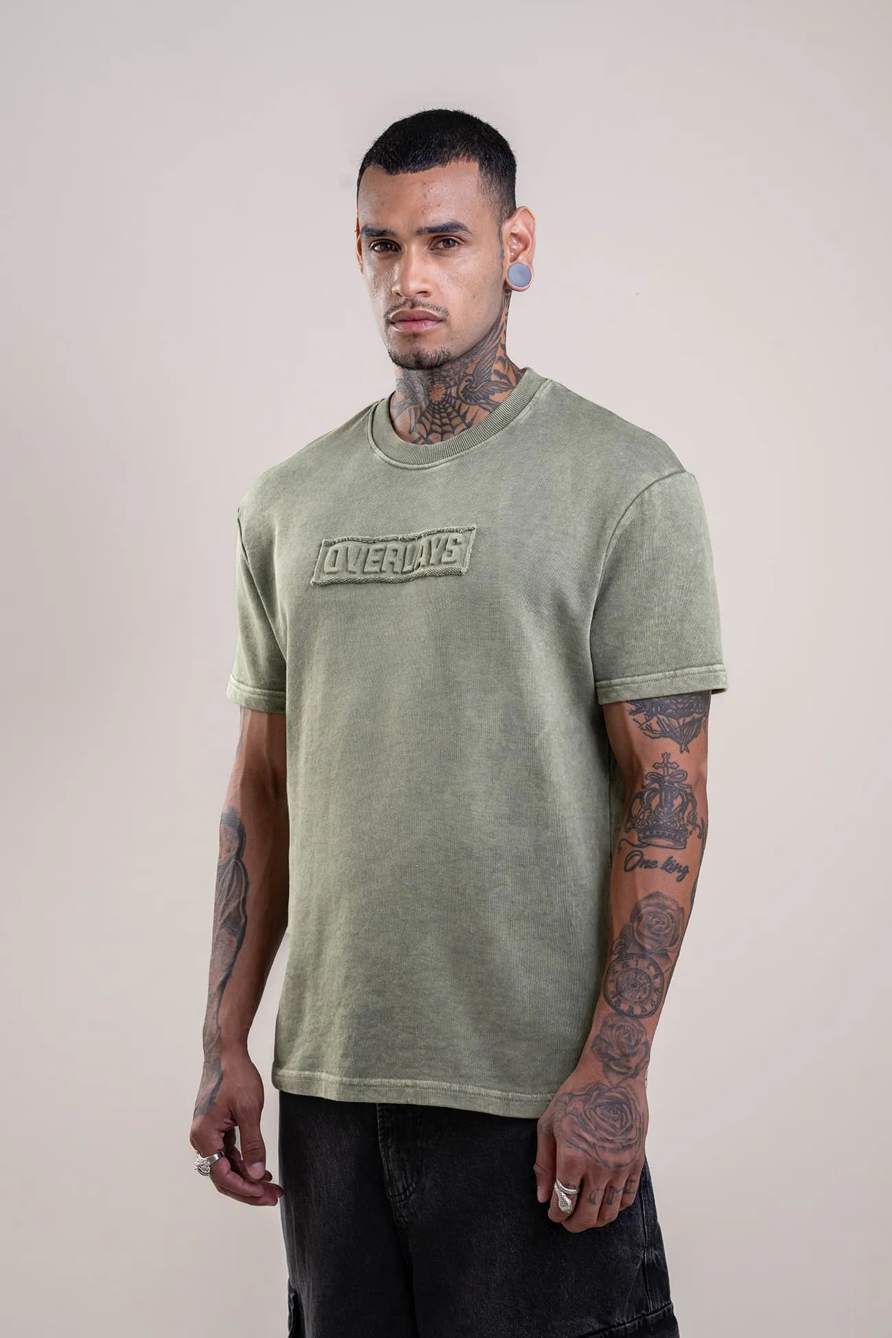 Olive Distressed Fade Embossed Heavy Weight Relaxed Fit T-Shirt