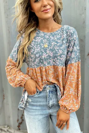 Orange Floral Color Block Ruffled Hem Round Neck Blouse