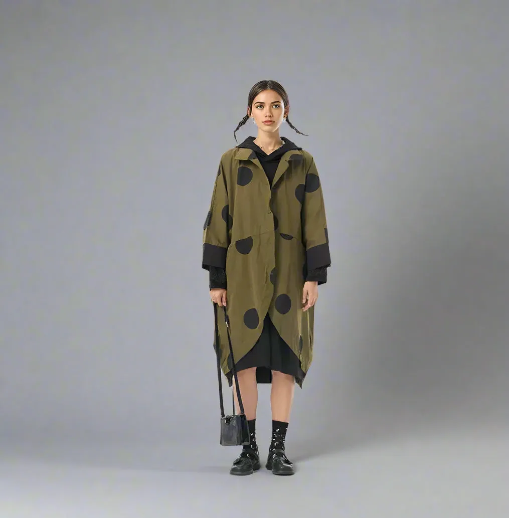 Oversized Olive Green Cocoon Polka Dot Coat with Tapered Hem and Bracelet-Length Sleeves