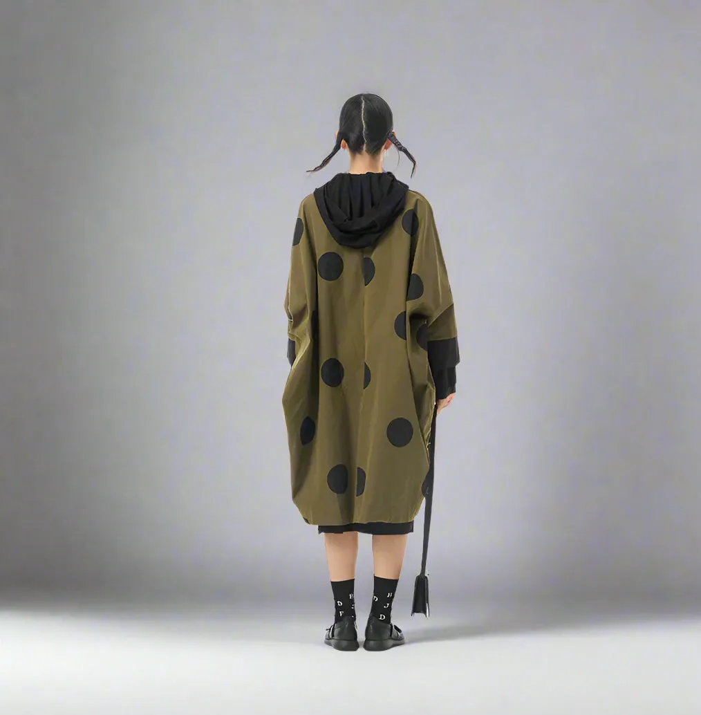 Oversized Olive Green Cocoon Polka Dot Coat with Tapered Hem and Bracelet-Length Sleeves