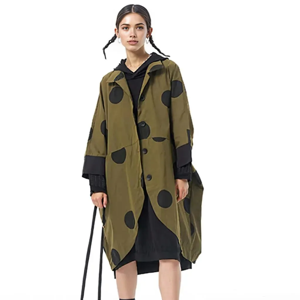 Oversized Olive Green Cocoon Polka Dot Coat with Tapered Hem and Bracelet-Length Sleeves