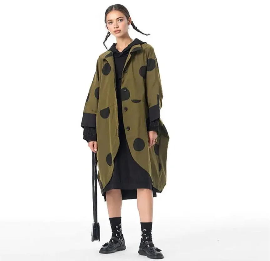 Oversized Olive Green Cocoon Polka Dot Coat with Tapered Hem and Bracelet-Length Sleeves