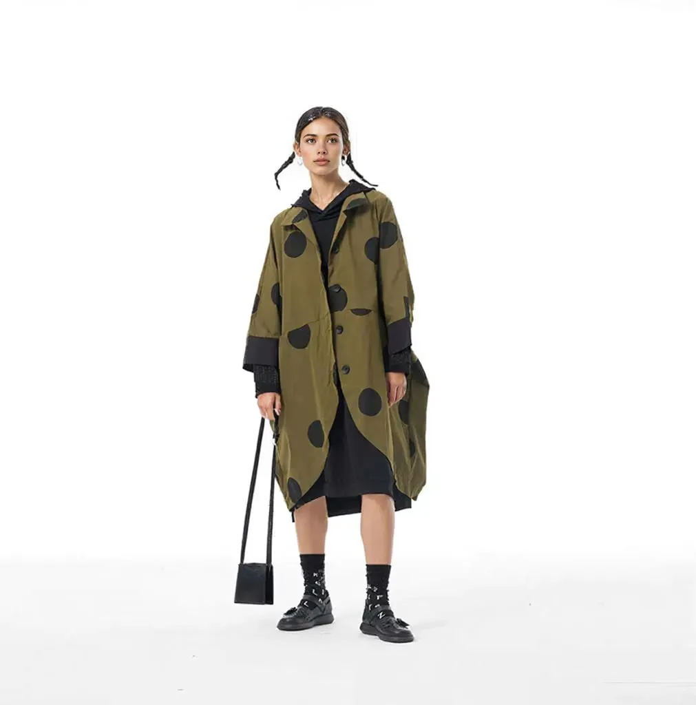 Oversized Olive Green Cocoon Polka Dot Coat with Tapered Hem and Bracelet-Length Sleeves