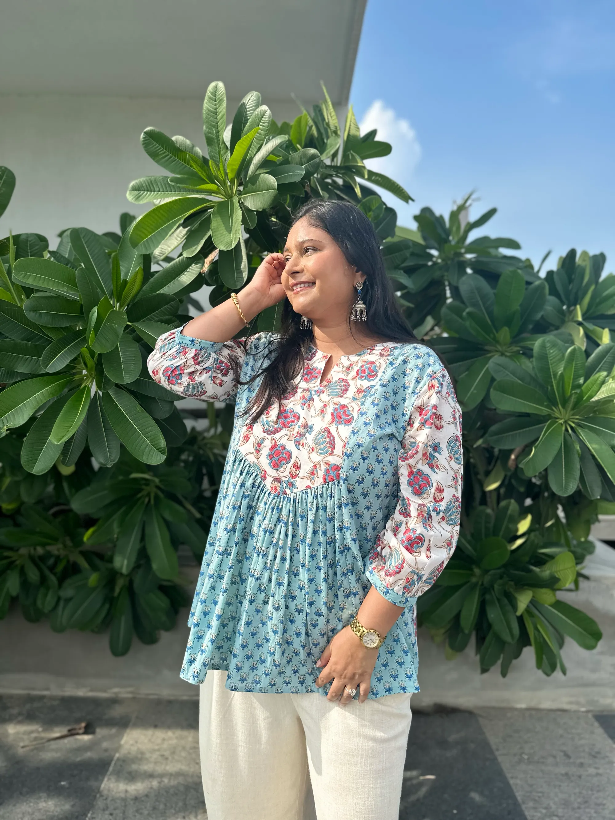 Peppermint Blue Gather Short Kurti