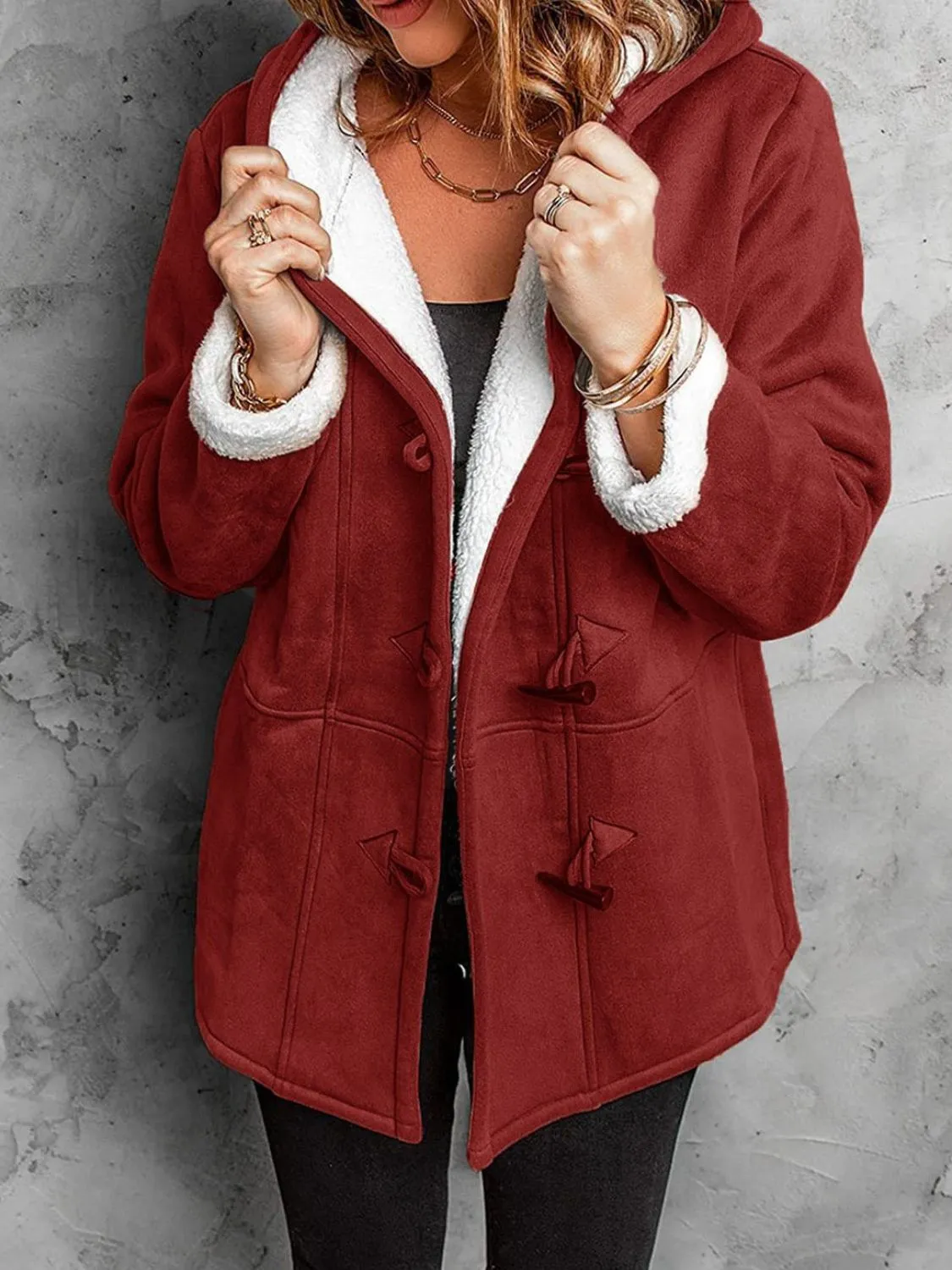 Pocketed Long Sleeve Hooded Jacket with Toggle Buttoning