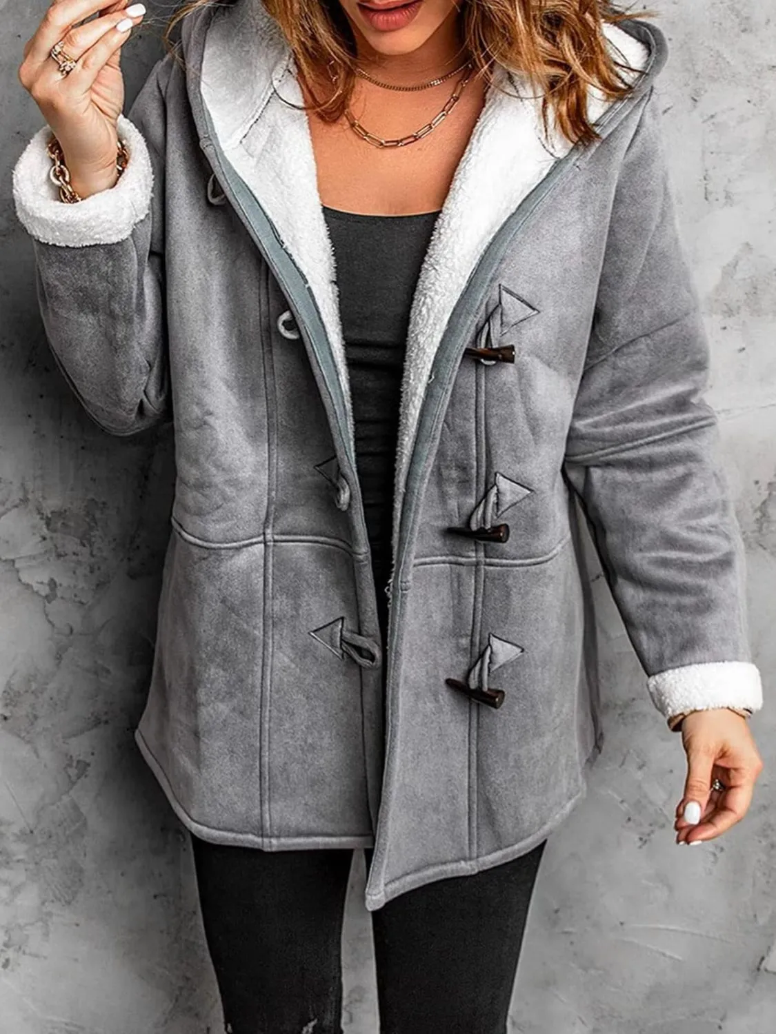 Pocketed Long Sleeve Hooded Jacket with Toggle Buttoning