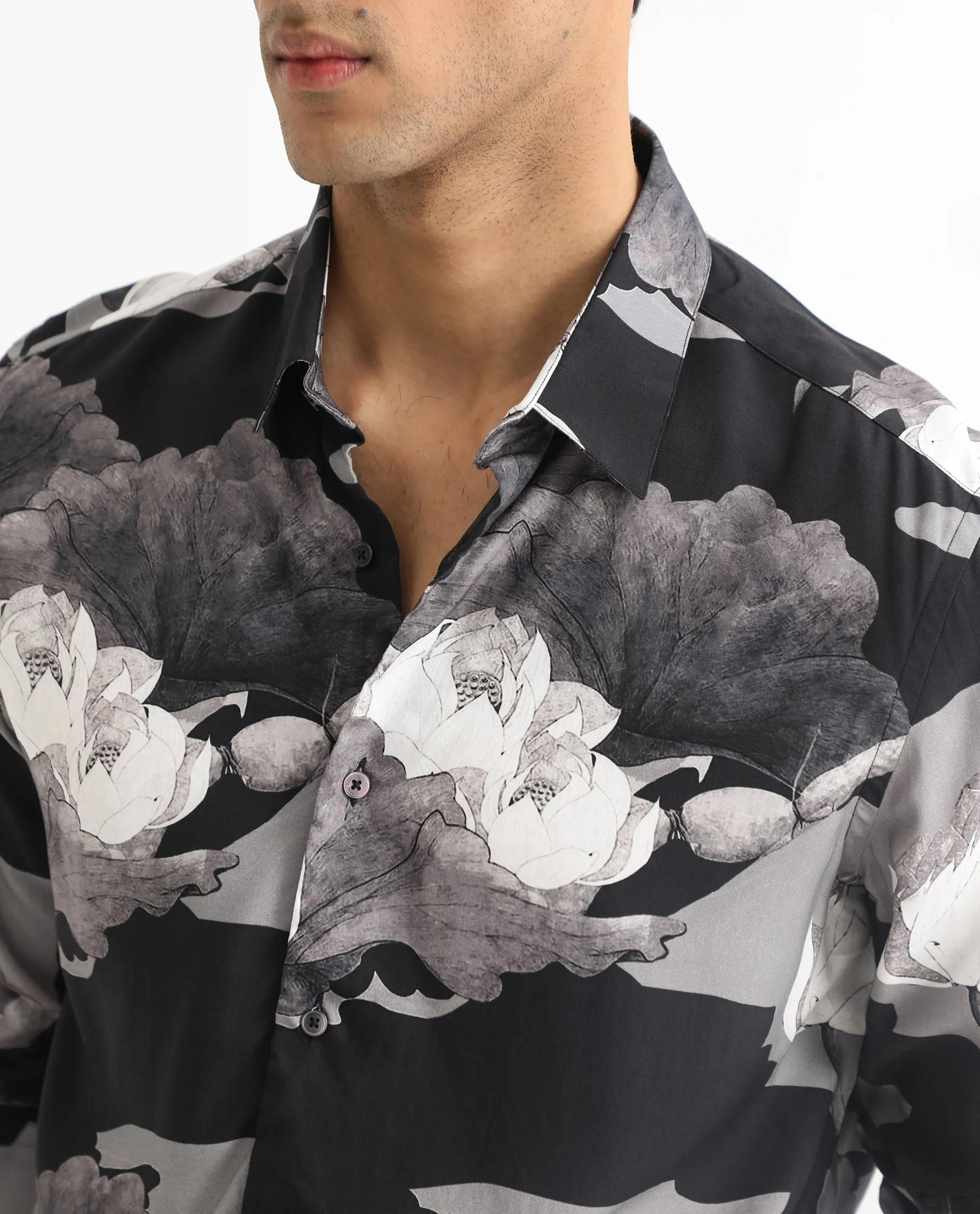 Rare Rabbit Men's Japo Grey Viscose Fabric Full Sleeves Floral Print Shirt